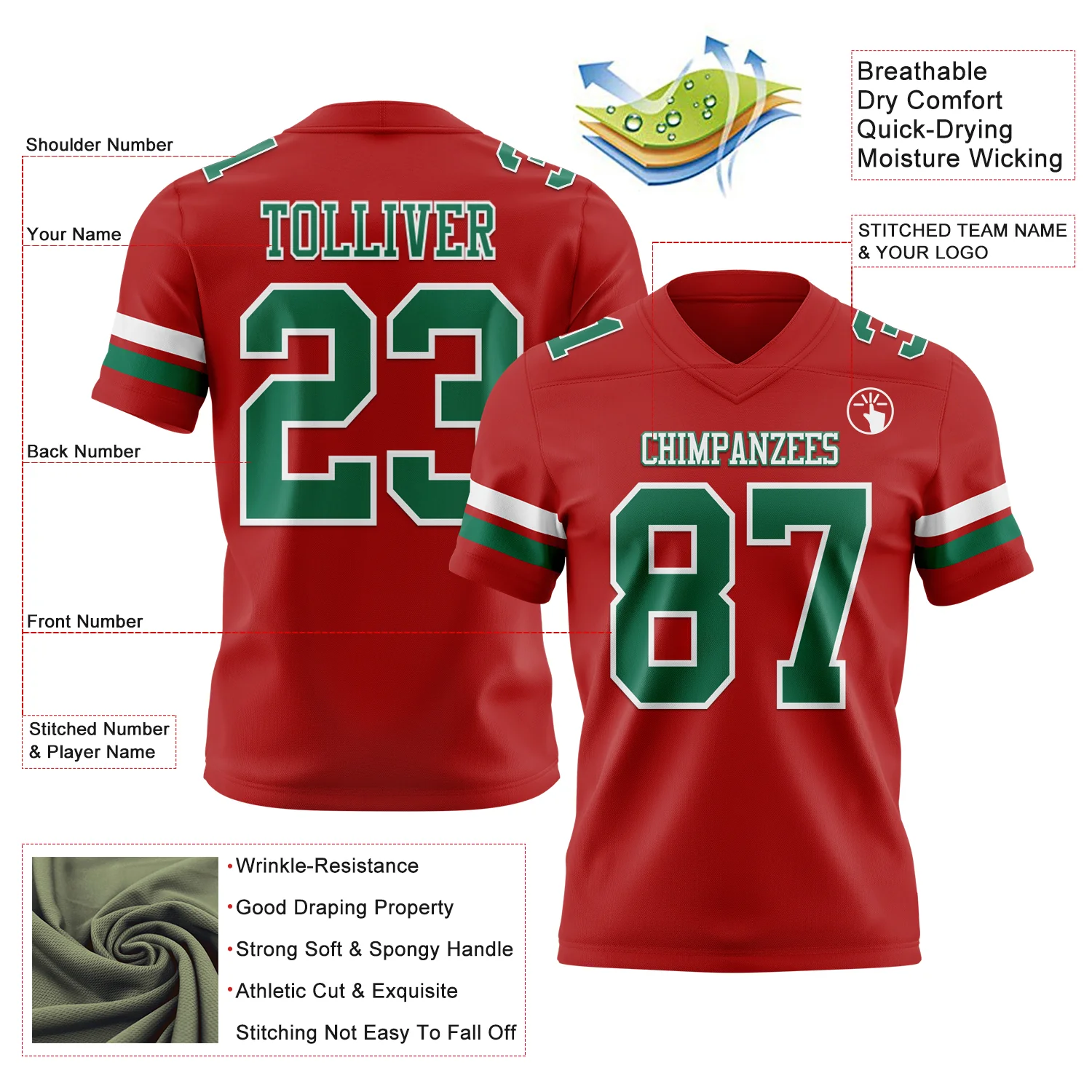 Custom Red Kelly Green-White Authentic Football Jersey - Image 3
