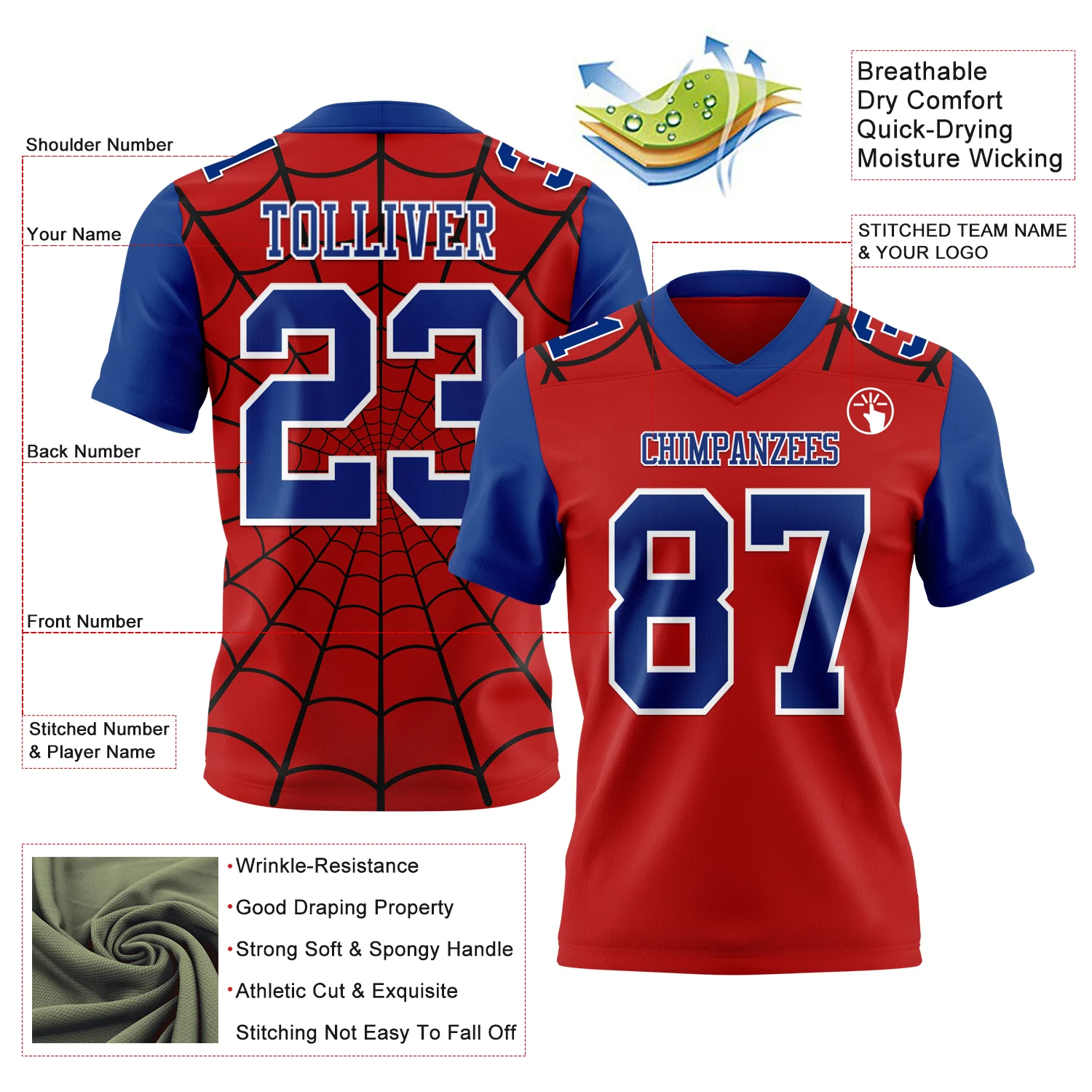 Custom Red Royal-White 3D Pattern Spider Web Authentic Football Jersey - Image 3