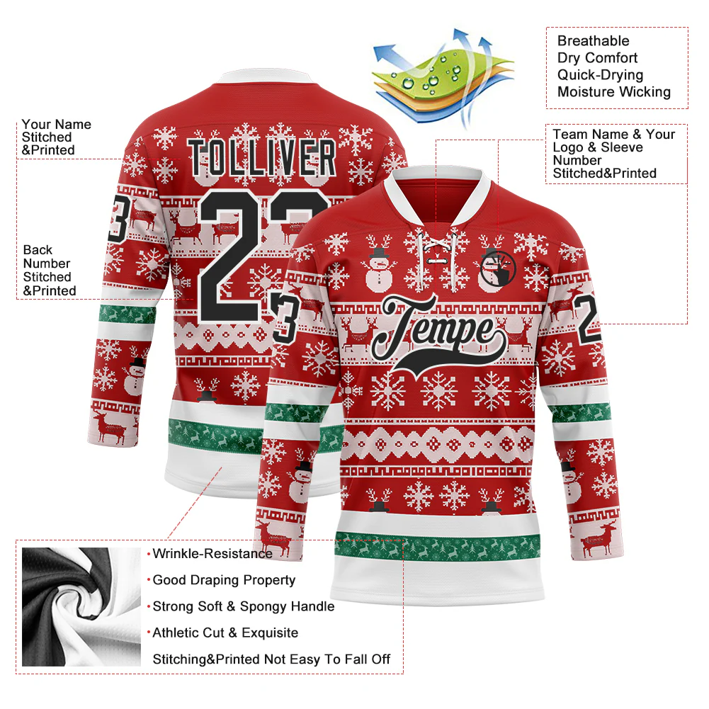 Custom Red Black-White 3D Christmas Ugly Sweater Hockey Lace Neck Jersey - Image 3