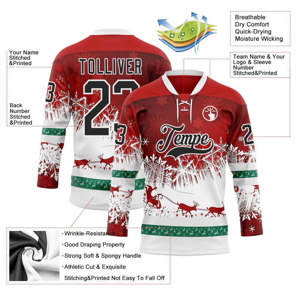 Custom Red Black-White 3D Christmas Reindeer Hockey Lace Neck Jersey - Image 3