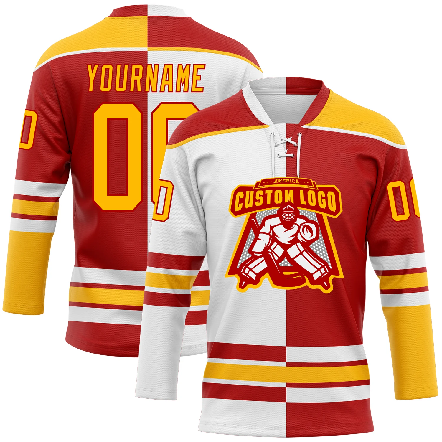 Custom Red Gold-White Split Fashion Hockey Lace Neck Jersey - Image 2