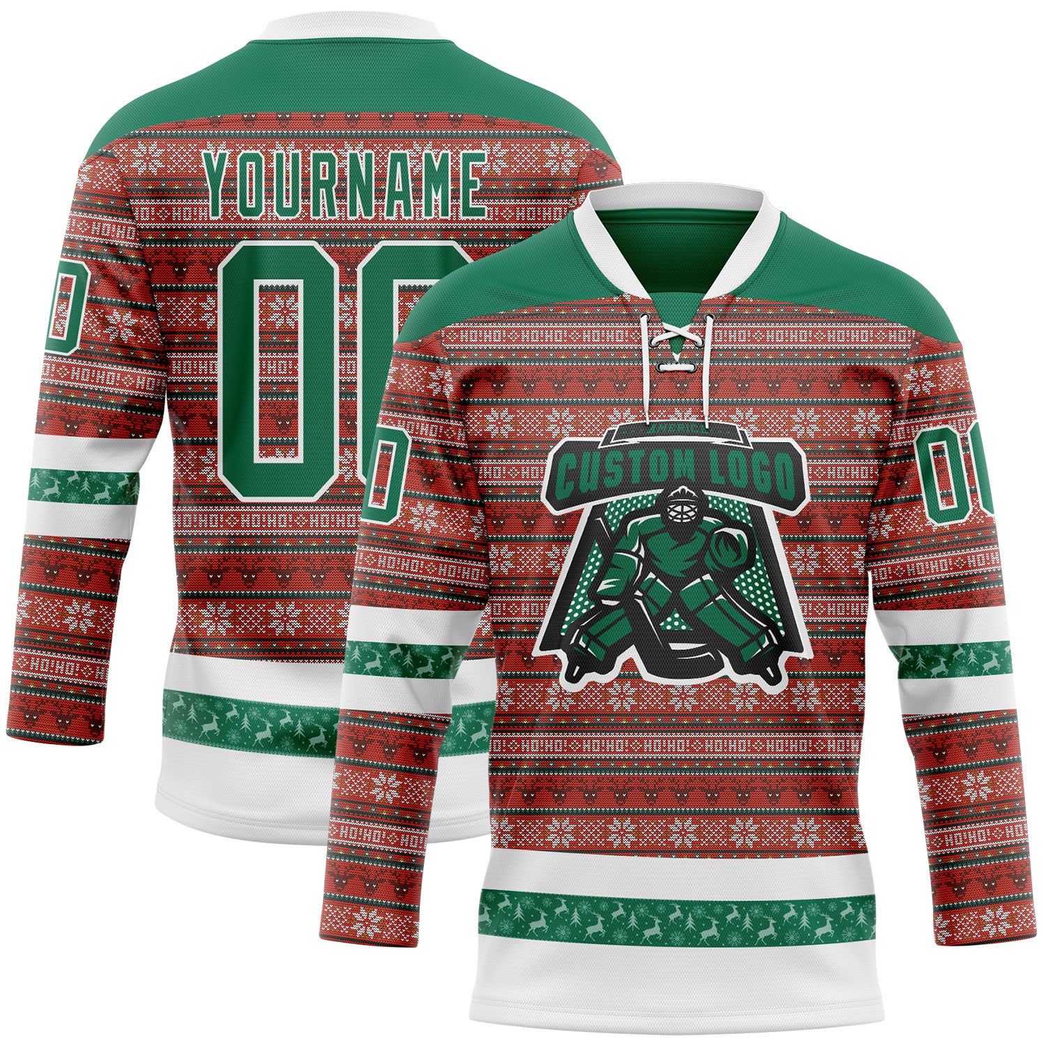Custom Red Kelly Green-White 3D Christmas Ugly Sweater Hockey Lace Neck Jersey - Image 2