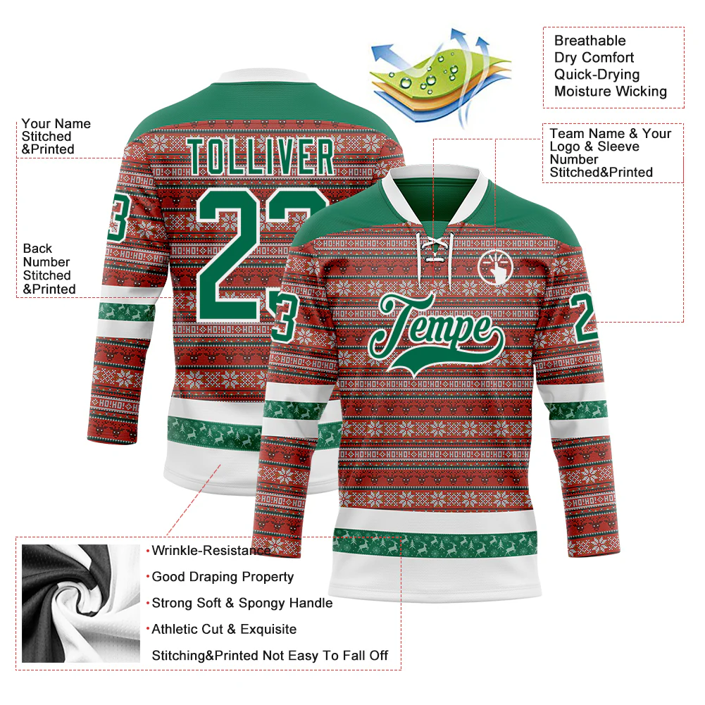 Custom Red Kelly Green-White 3D Christmas Ugly Sweater Hockey Lace Neck Jersey - Image 3
