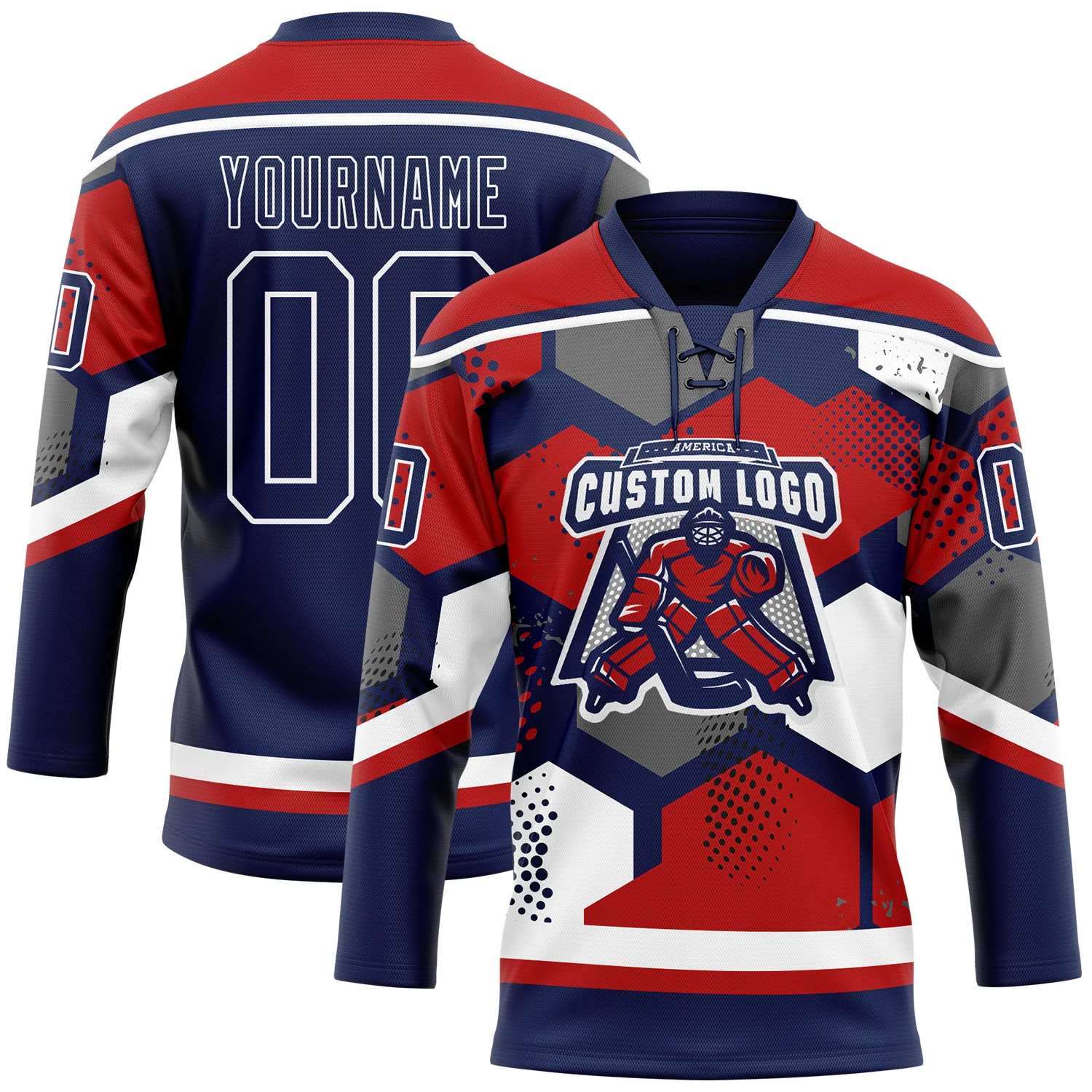 Custom Red Navy-White 3D Pattern Geometric Shape Hockey Lace Neck Jersey - Image 2