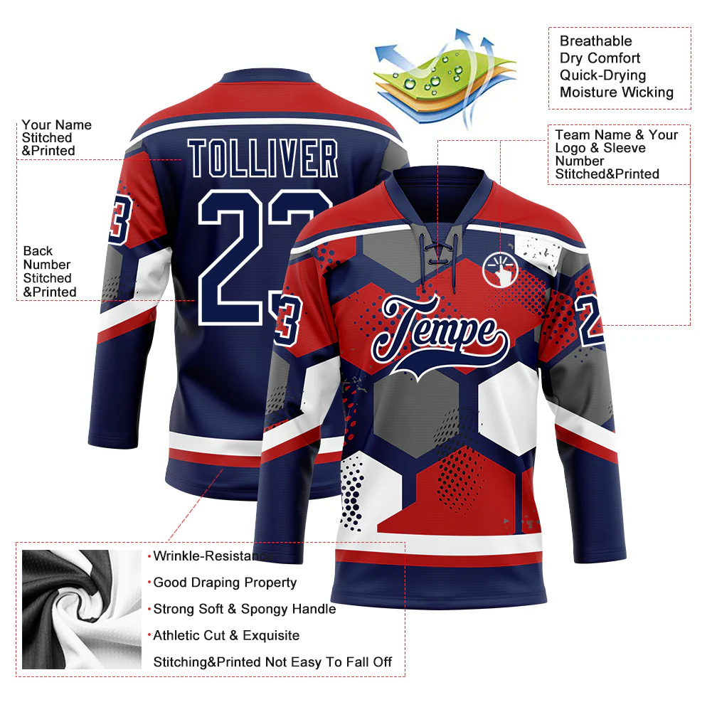 Custom Red Navy-White 3D Pattern Geometric Shape Hockey Lace Neck Jersey - Image 5