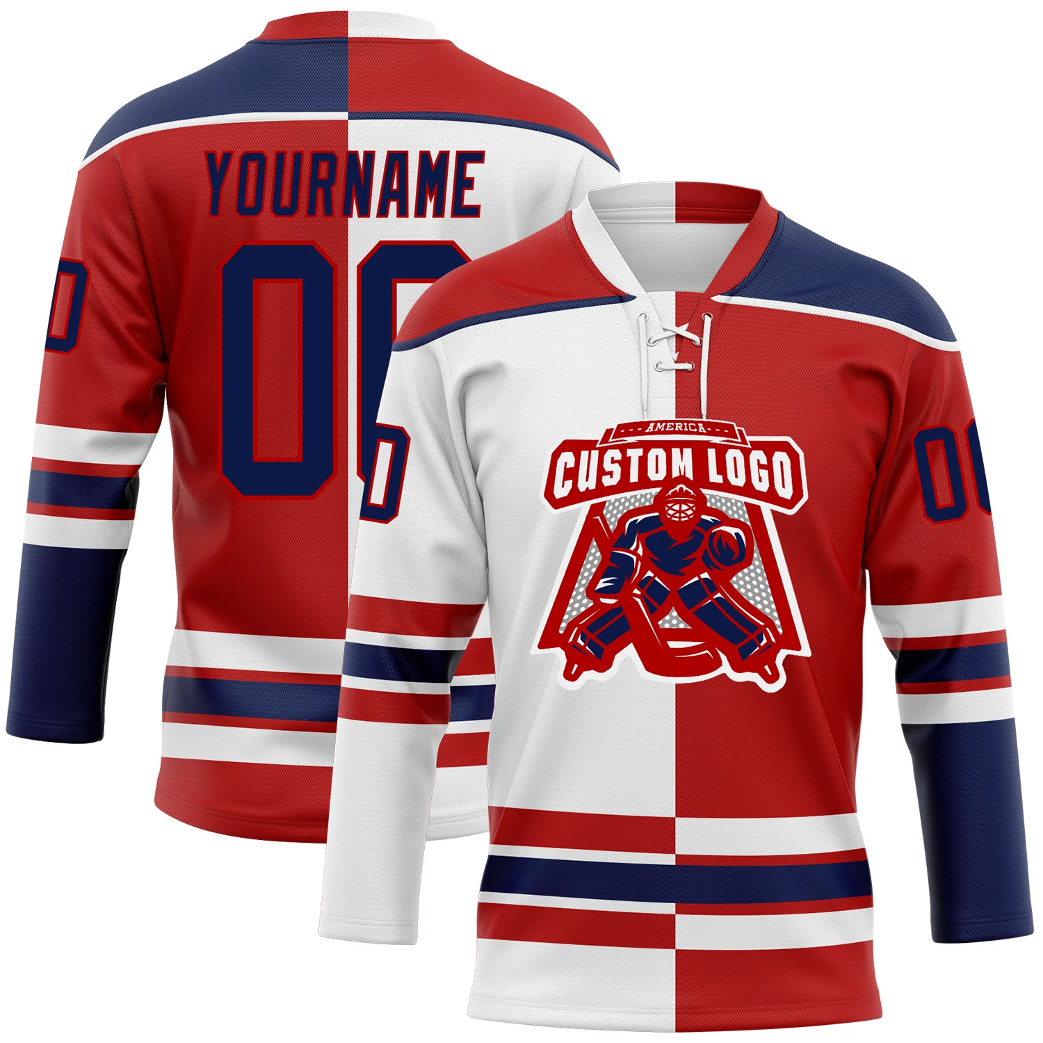 Custom Red Navy-White Split Fashion Hockey Lace Neck Jersey - Image 2