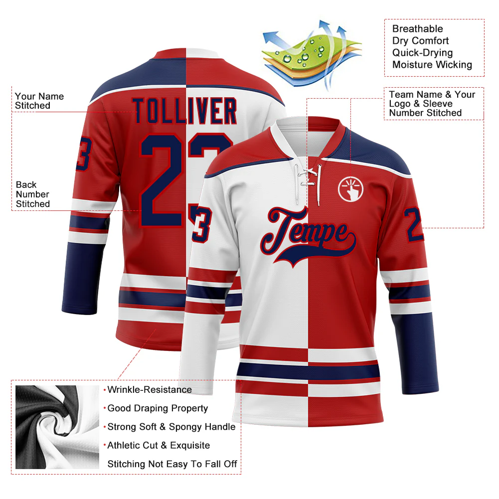Custom Red Navy-White Split Fashion Hockey Lace Neck Jersey - Image 3