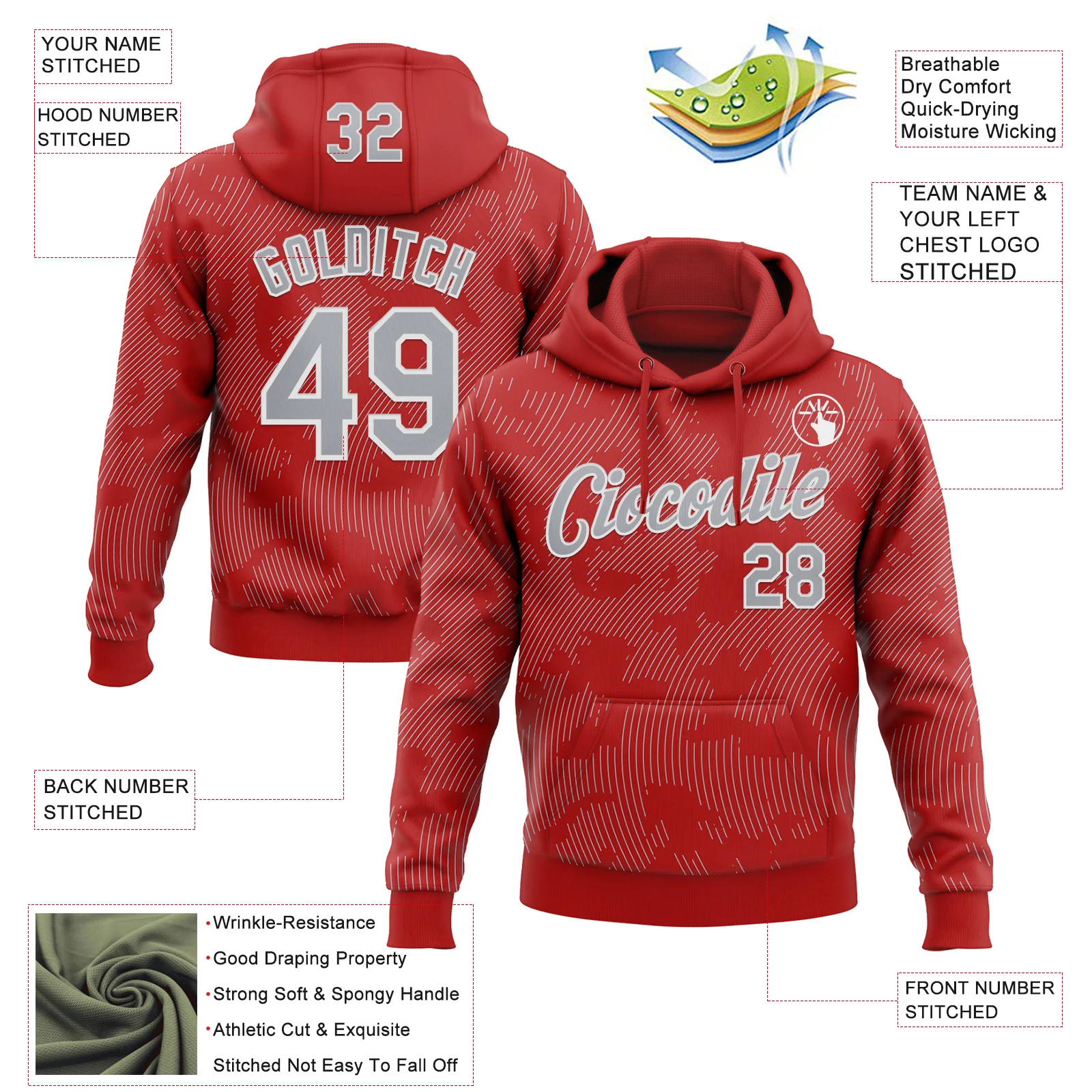 Custom Stitched Red Gray-White Curve Lines Sports Pullover Sweatshirt Hoodie - Image 4