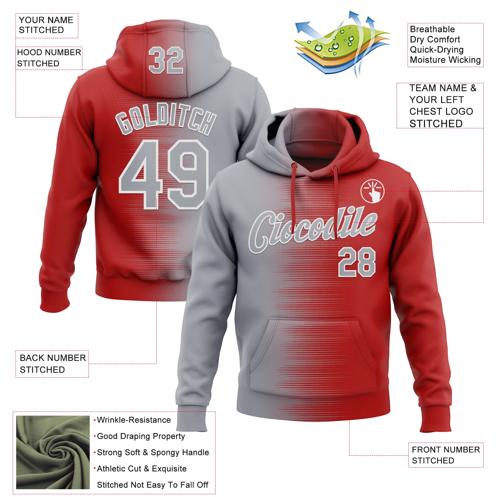 Custom Stitched Red Gray-White Gradient Line Sports Pullover Sweatshirt Hoodie - Image 4