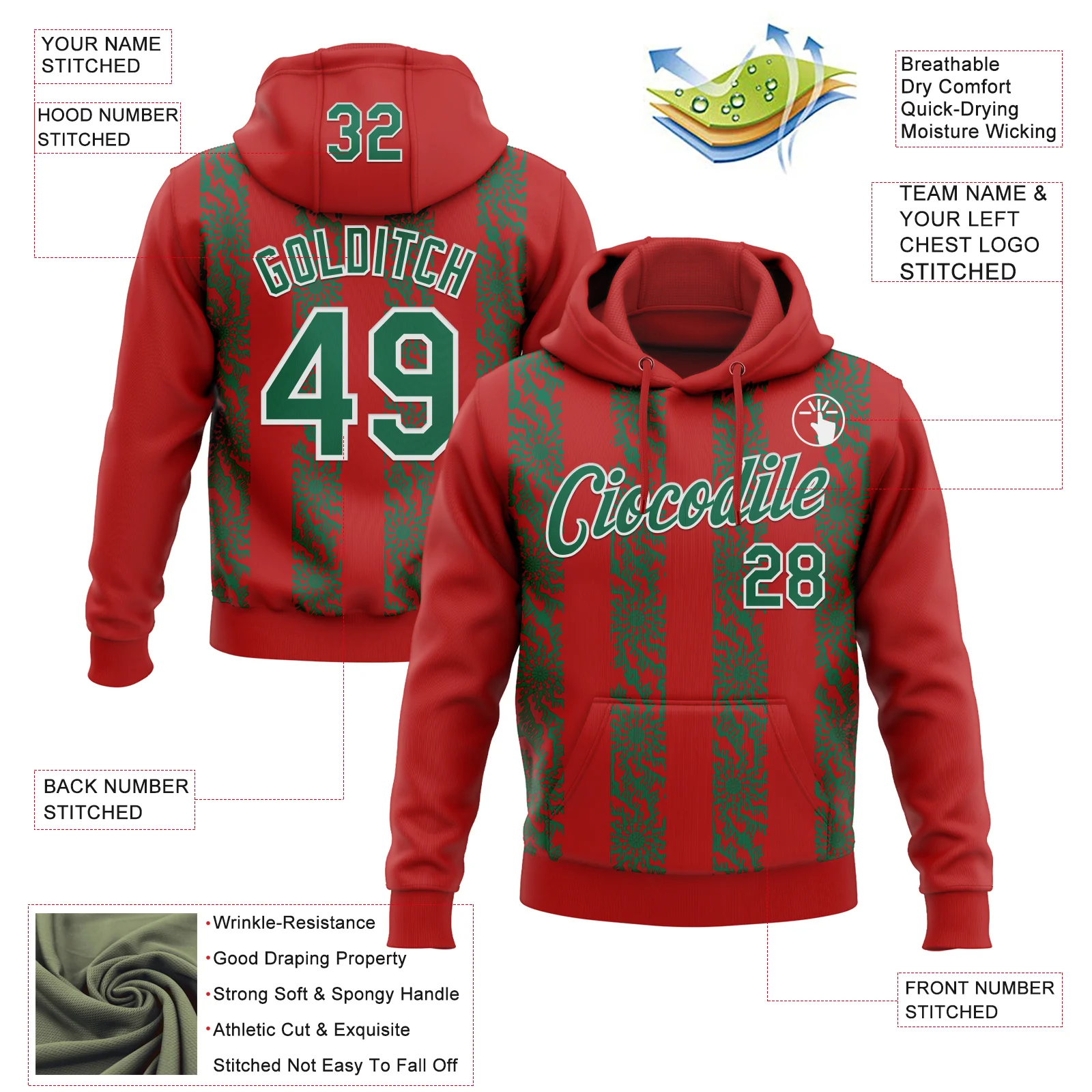 Custom Stitched Red Kelly Green-White Abstract Shape Pattern Sports Pullover Sweatshirt Hoodie - Image 4