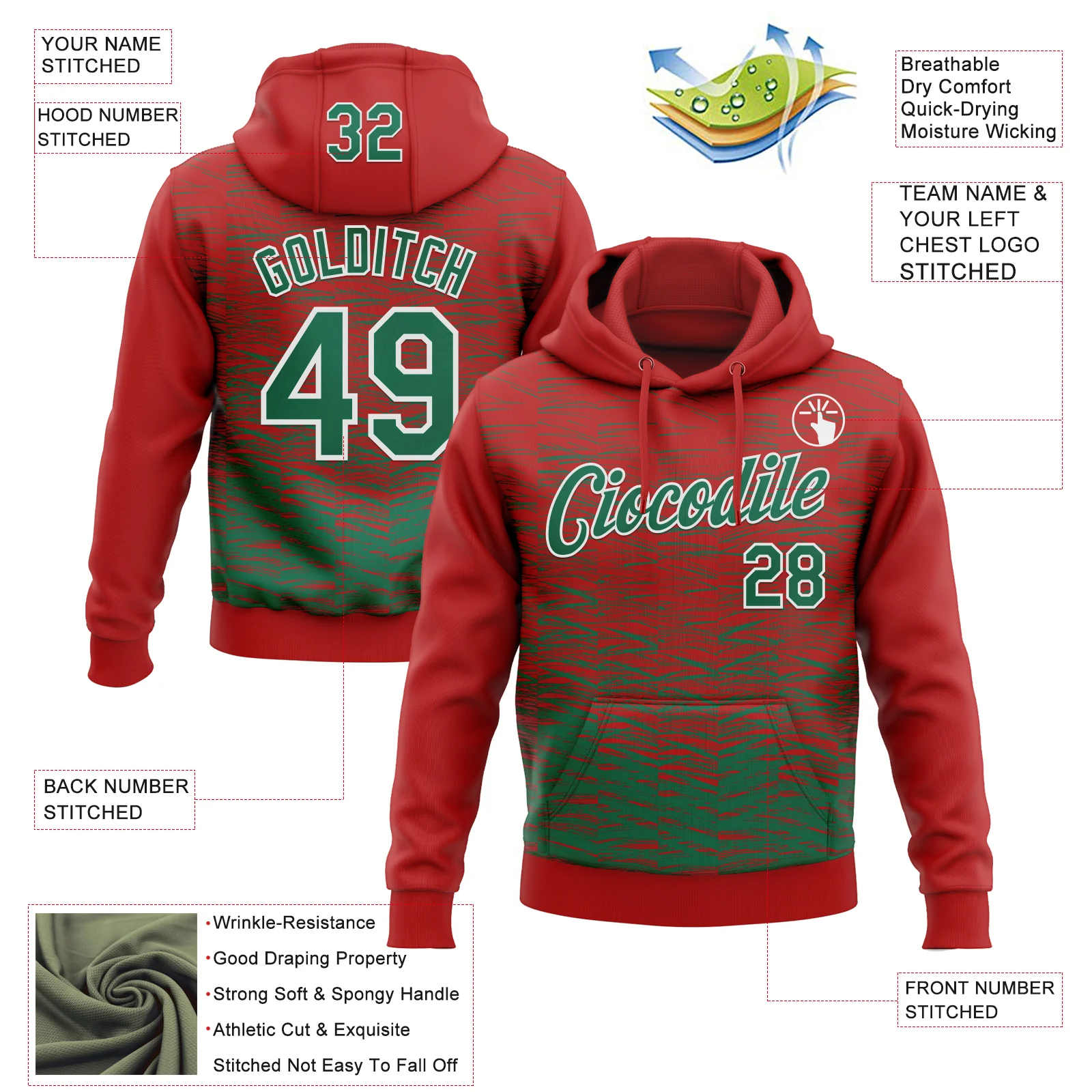 Custom Stitched Red Kelly Green-White Line Sports Pullover Sweatshirt Hoodie - Image 4