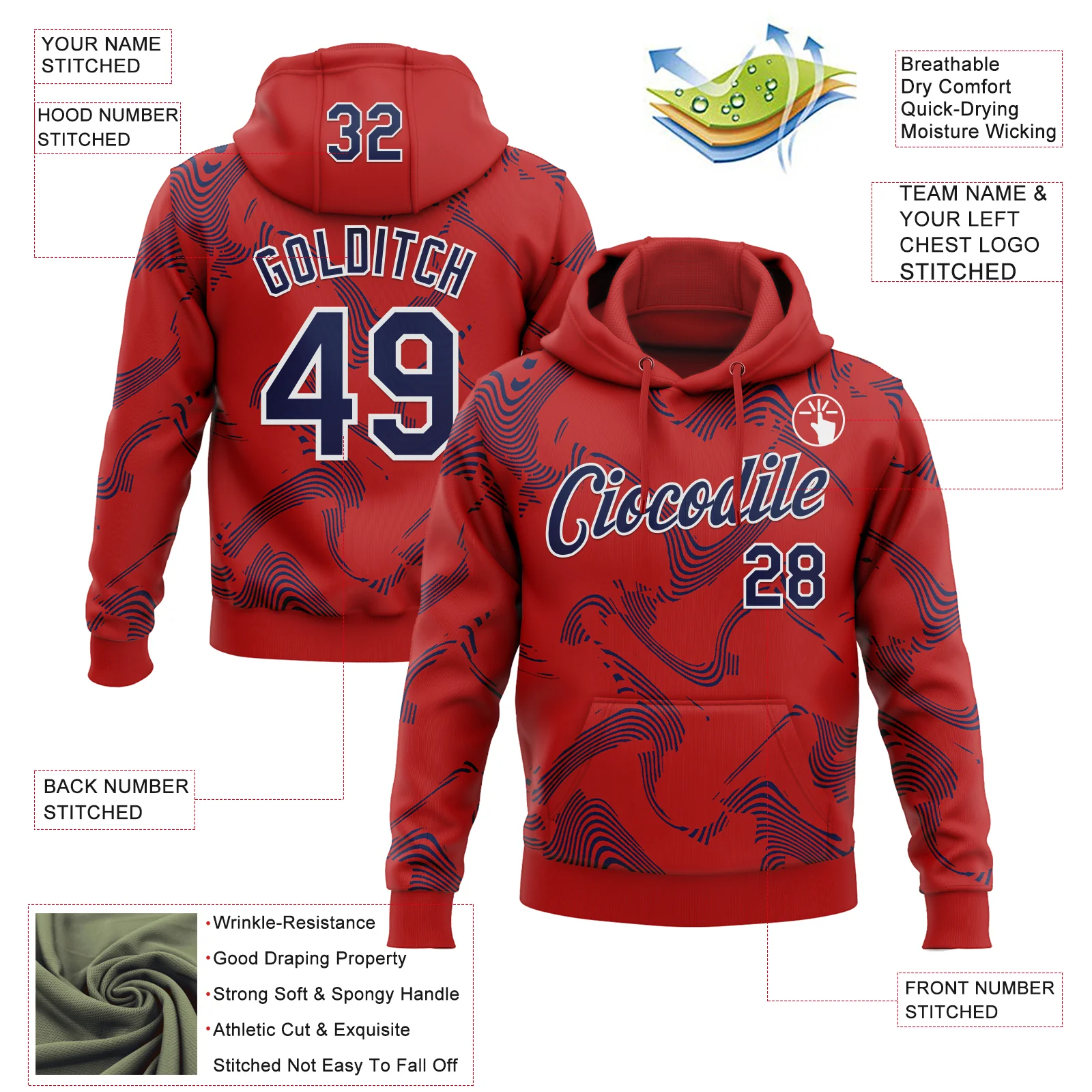 Custom Stitched Red Navy-White Curve Lines Sports Pullover Sweatshirt Hoodie - Image 4