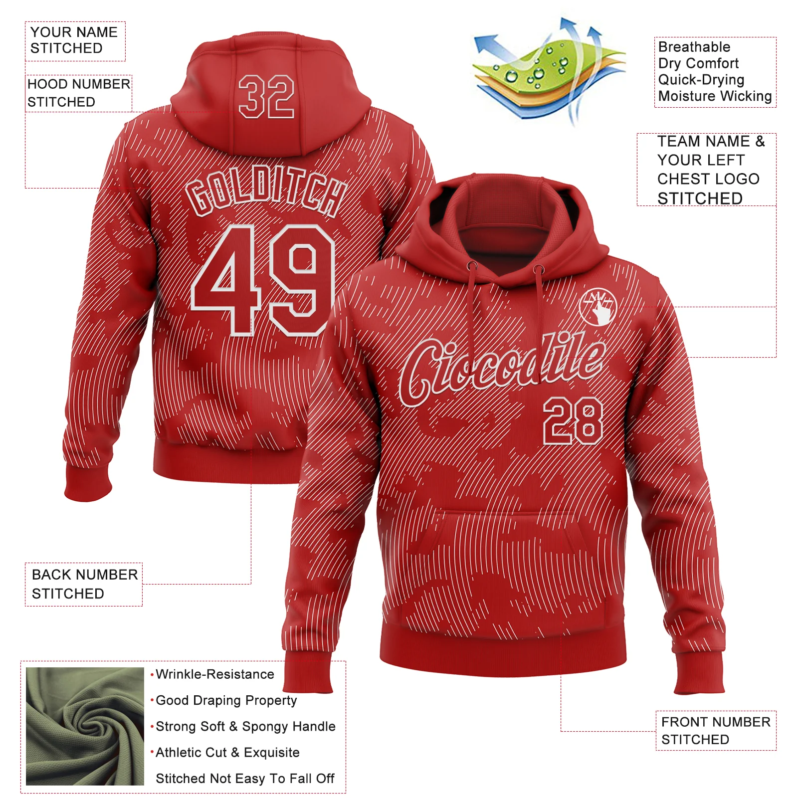 Custom Stitched Red White Curve Lines Sports Pullover Sweatshirt Hoodie - Image 4