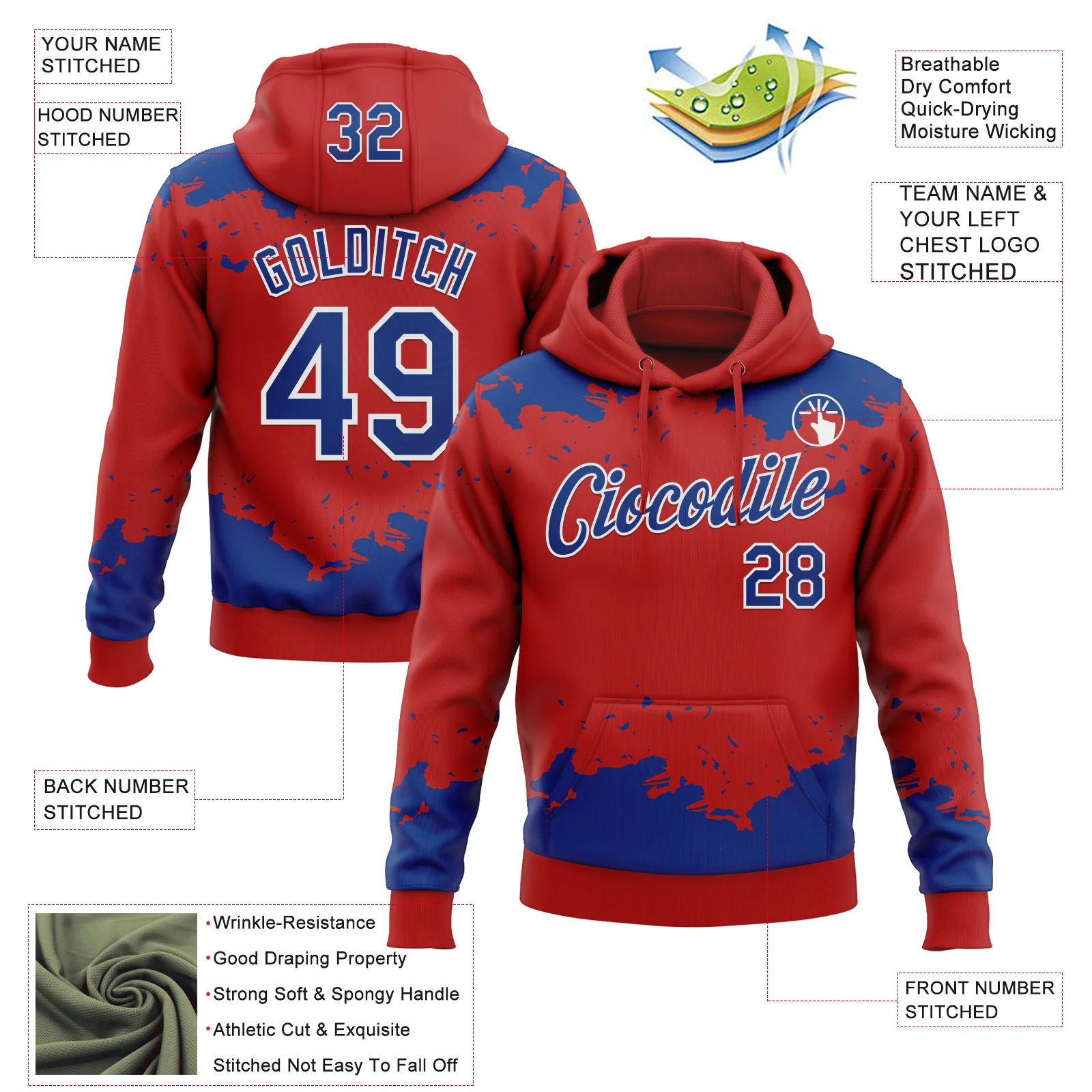 Custom Stitched Red Royal-White Fragment Pattern Sports Pullover Sweatshirt Hoodie - Image 4