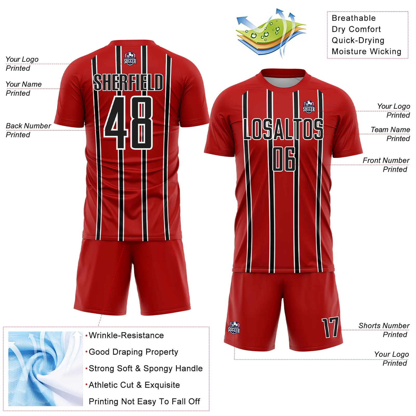 Custom Red Black-White Stripe Line Sublimation Soccer Uniform Jersey - Image 4