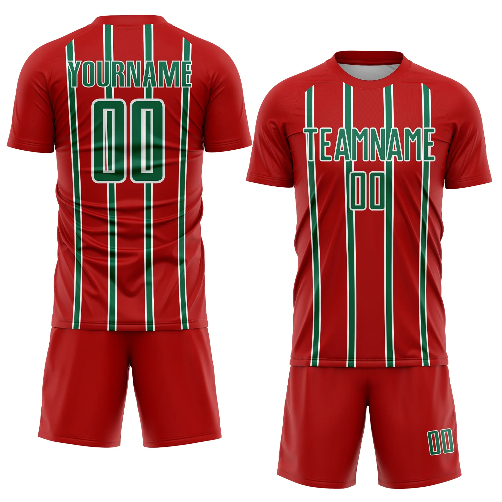 Custom Red Kelly Green-White Stripe Line Sublimation Soccer Uniform Jersey - Image 2