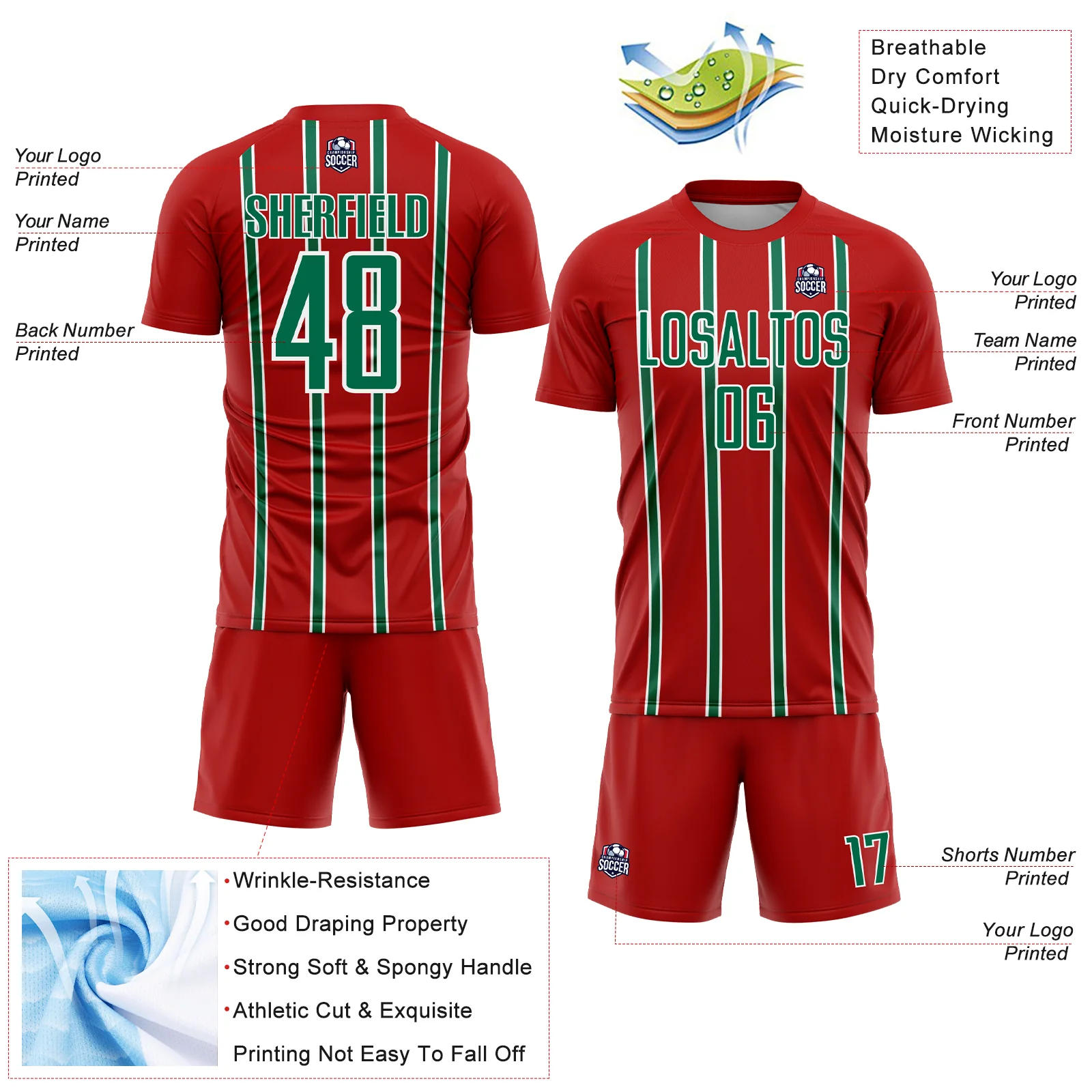 Custom Red Kelly Green-White Stripe Line Sublimation Soccer Uniform Jersey - Image 4