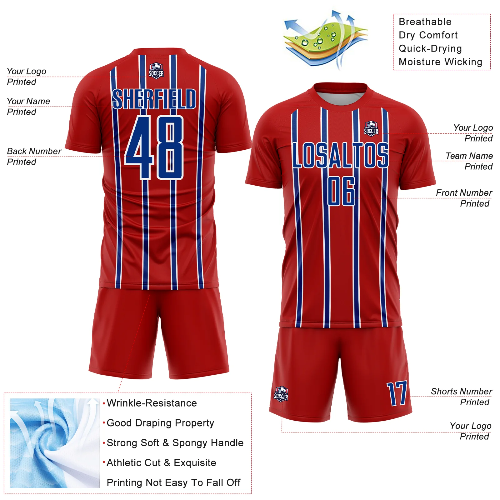 Custom Red Royal-White Stripe Line Sublimation Soccer Uniform Jersey - Image 4
