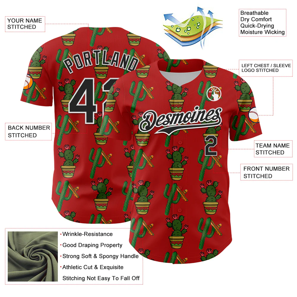 Custom Red Black-White 3D Mexican Cactus Authentic Baseball Jersey - Image 3
