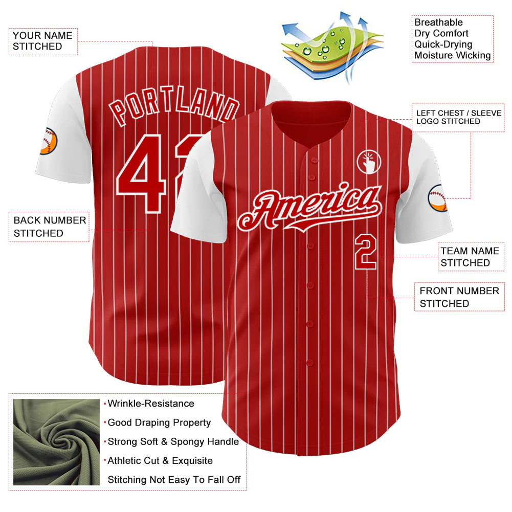 Custom Red White Pinstripe White Authentic Two Tone Baseball Jersey - Image 3