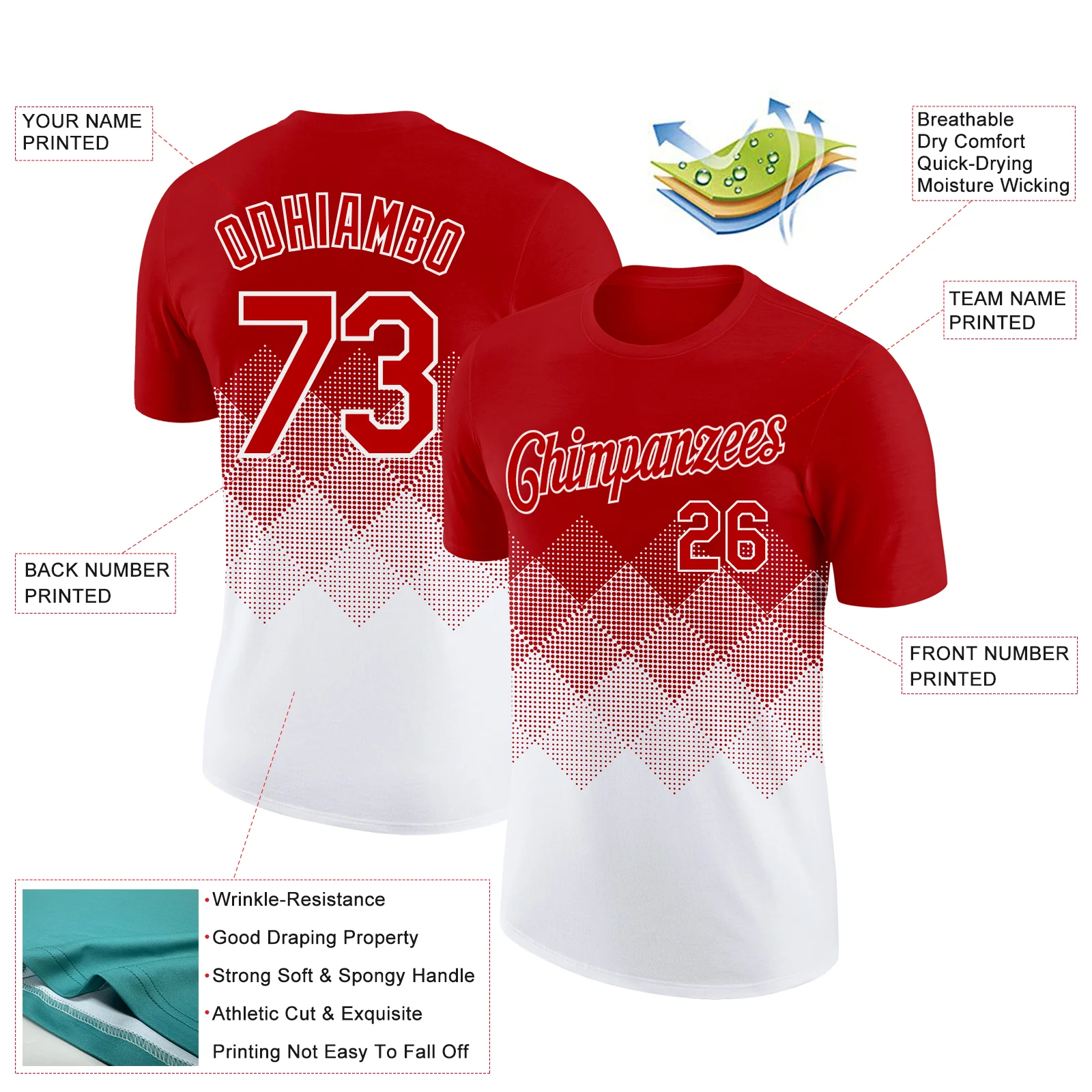 Custom Red White 3D Pattern Design Gradient Square Shapes Performance T-Shirt - Image 2
