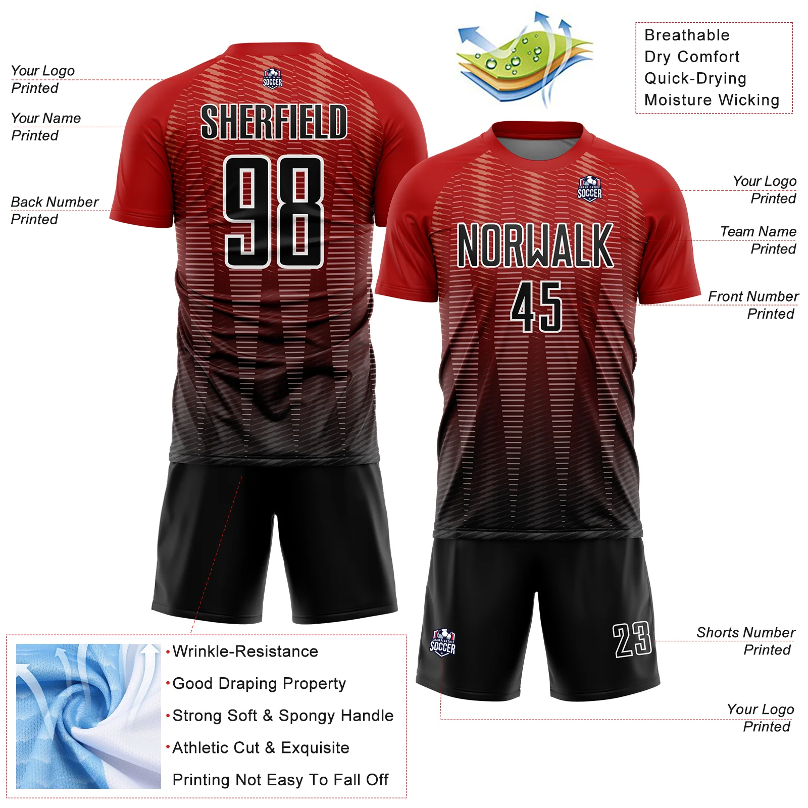 Custom Red Black-White Gradient Line Sublimation Soccer Uniform Jersey - Image 4