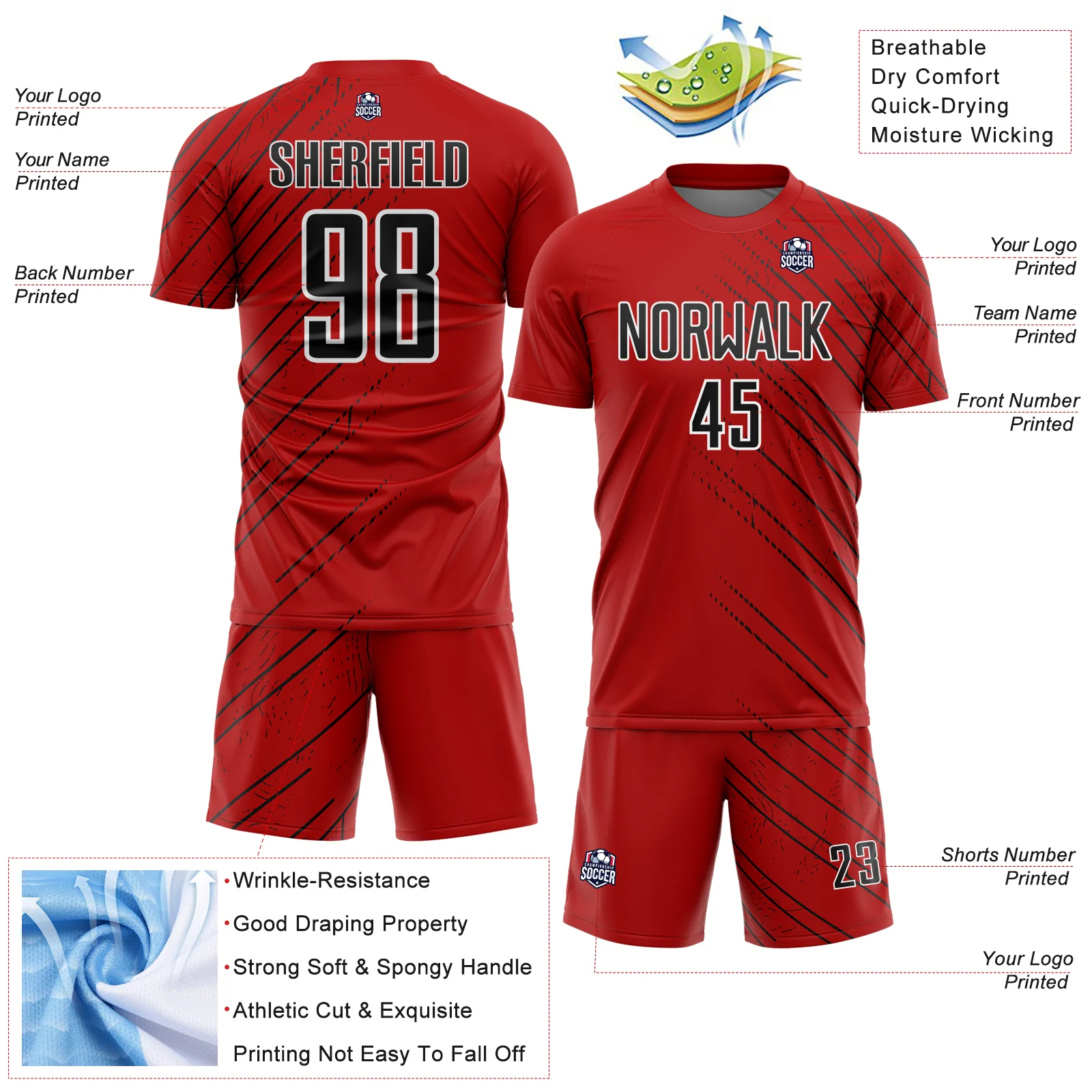 Custom Red Black-White Lines Sports Sublimation Soccer Uniform Jersey - Image 4