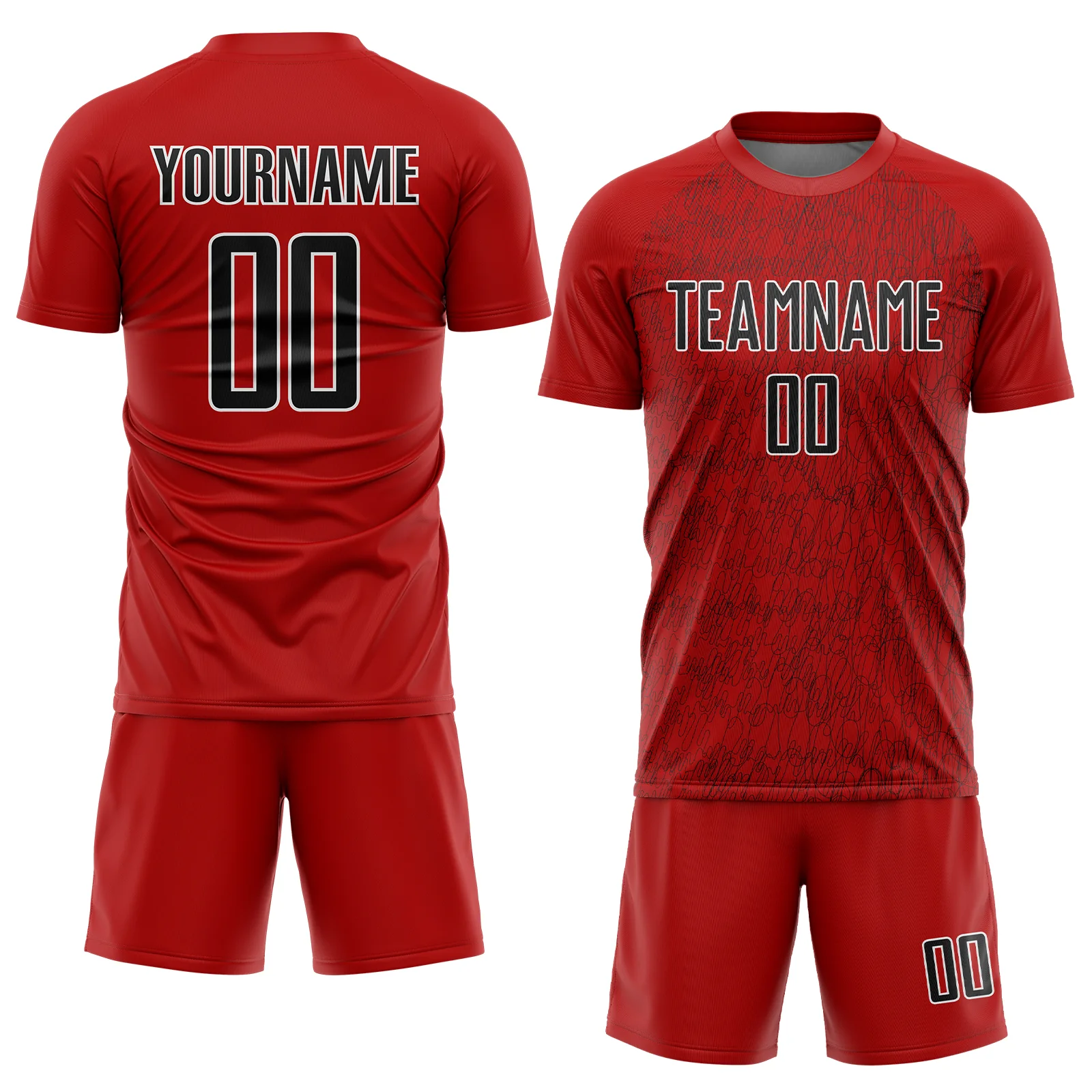Custom Red Black-White Abstract Scribble Curve Line Pattern Sports Sublimation Soccer Uniform Jersey - Image 2