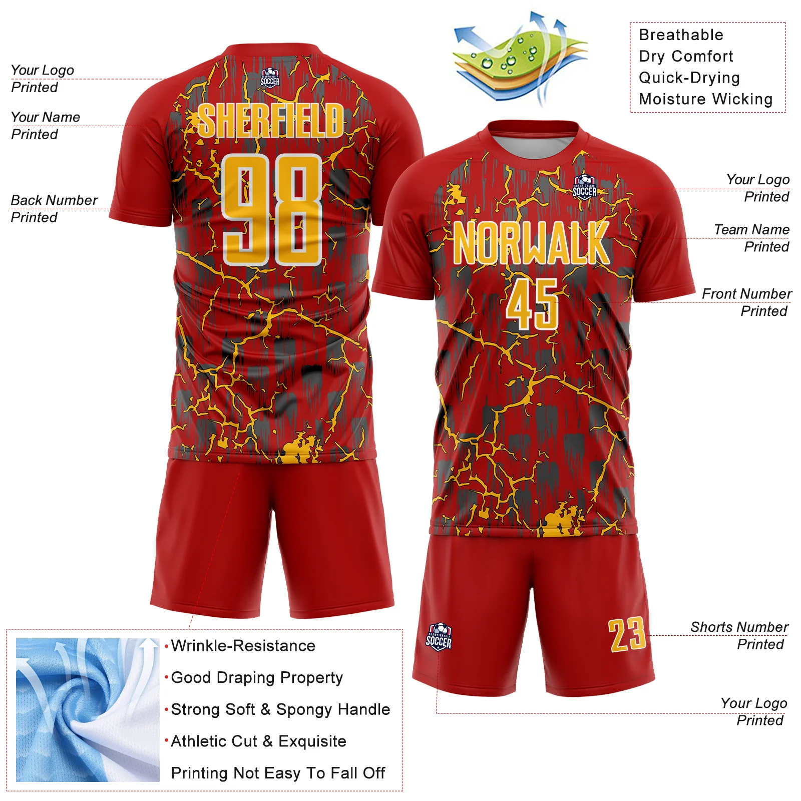 Custom Red Gold-White Lightning Sublimation Soccer Uniform Jersey - Image 4