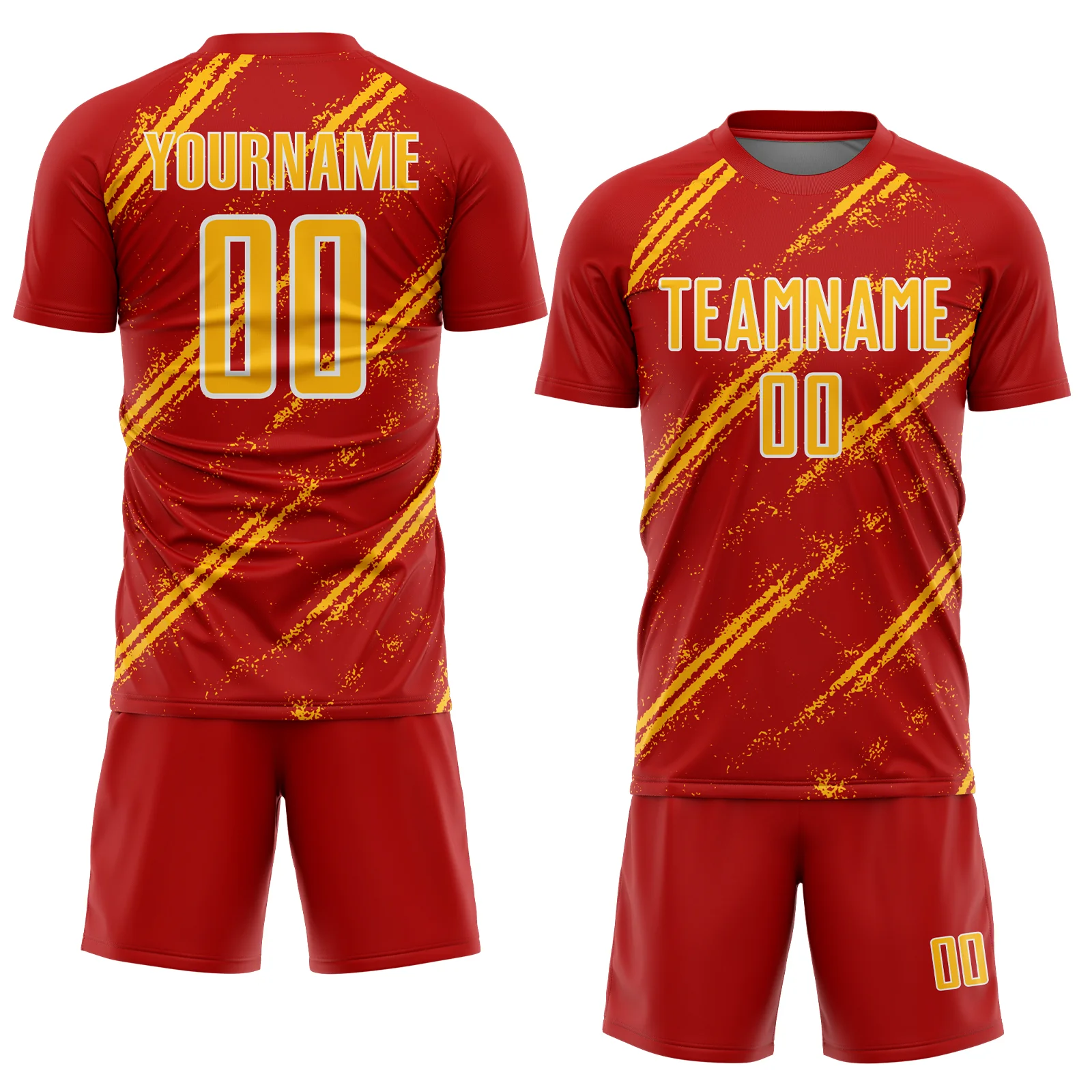 Custom Red Gold-White Abstract Fragment Art Splash Sublimation Soccer Uniform Jersey - Image 2