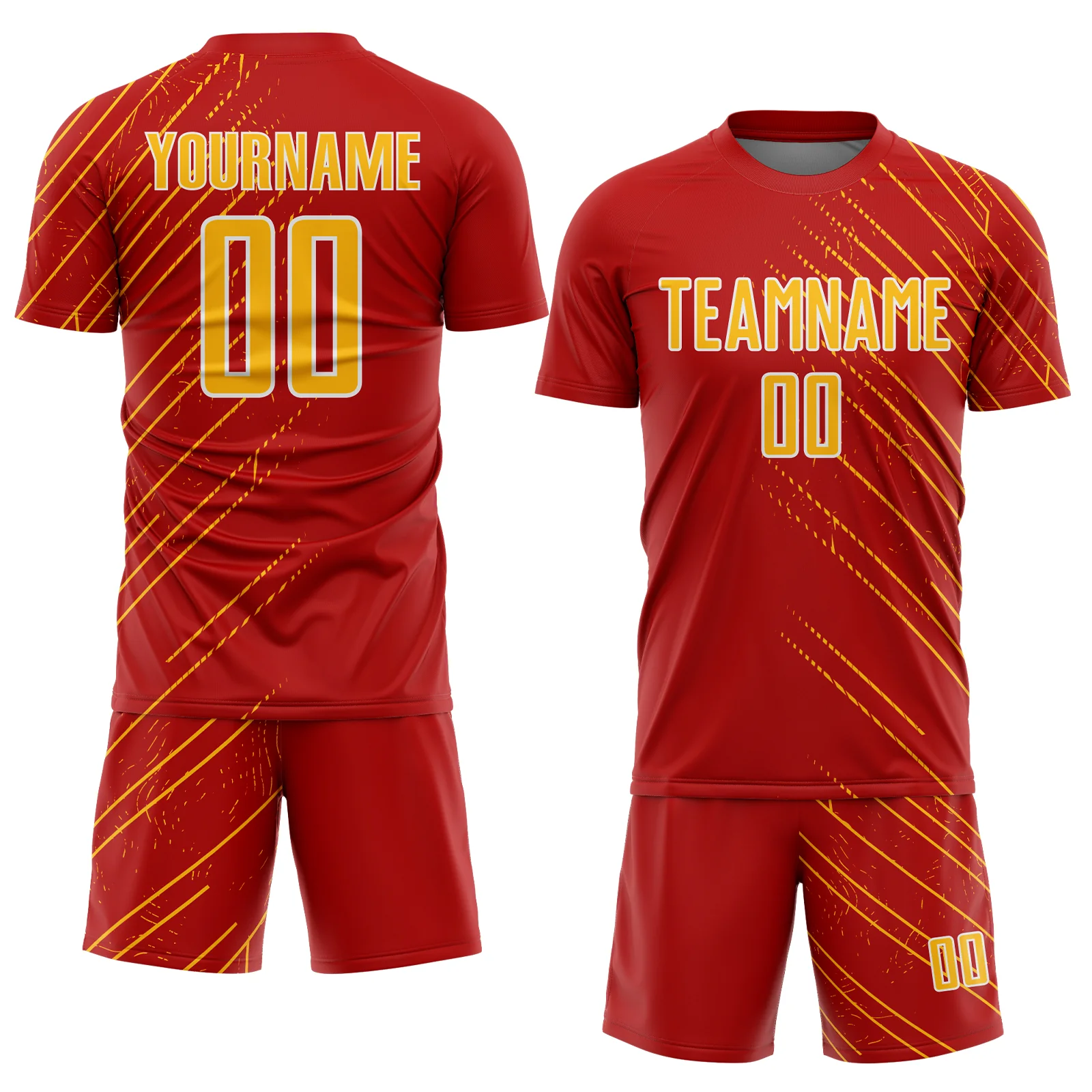 Custom Red Gold-White Lines Sports Sublimation Soccer Uniform Jersey - Image 2