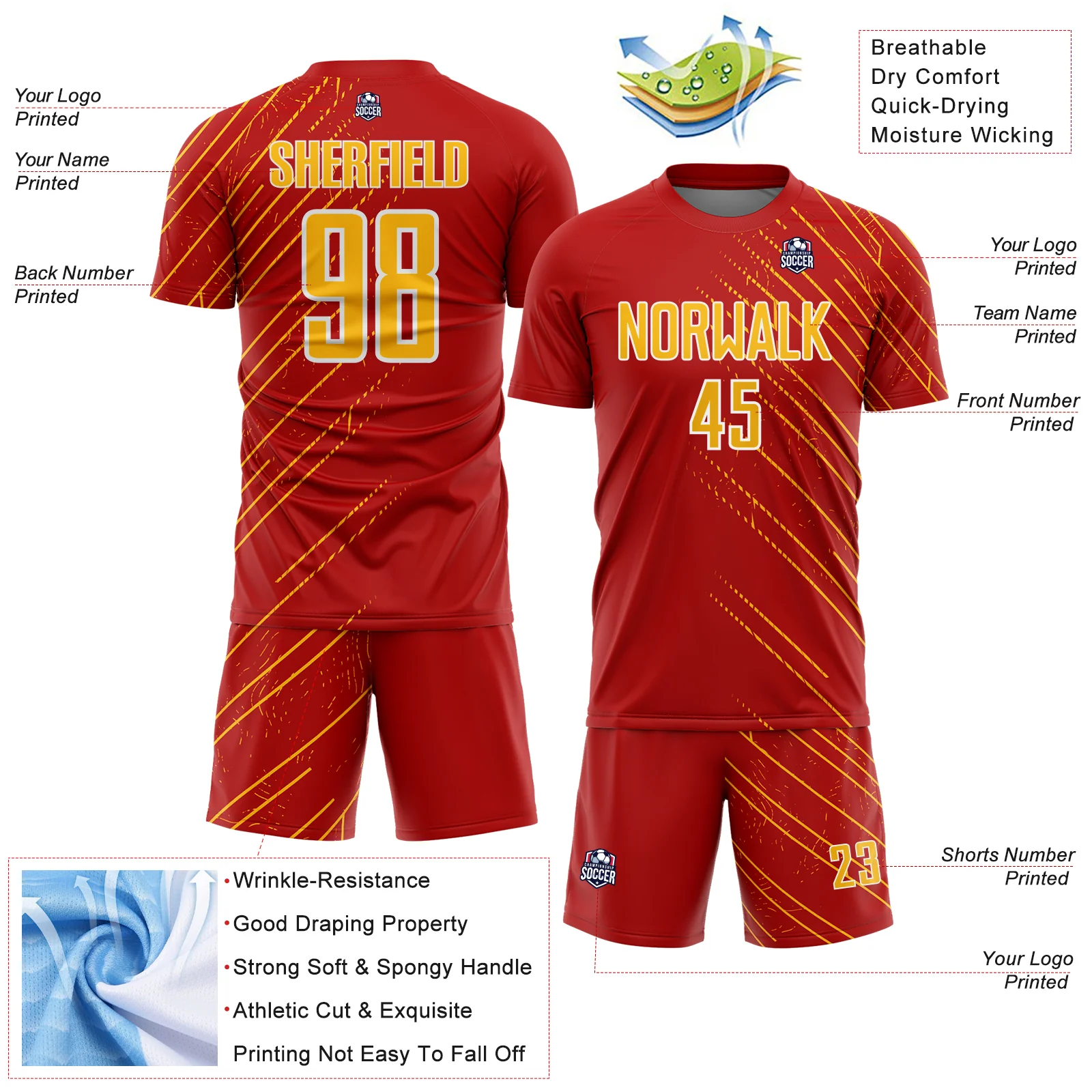 Custom Red Gold-White Lines Sports Sublimation Soccer Uniform Jersey - Image 4