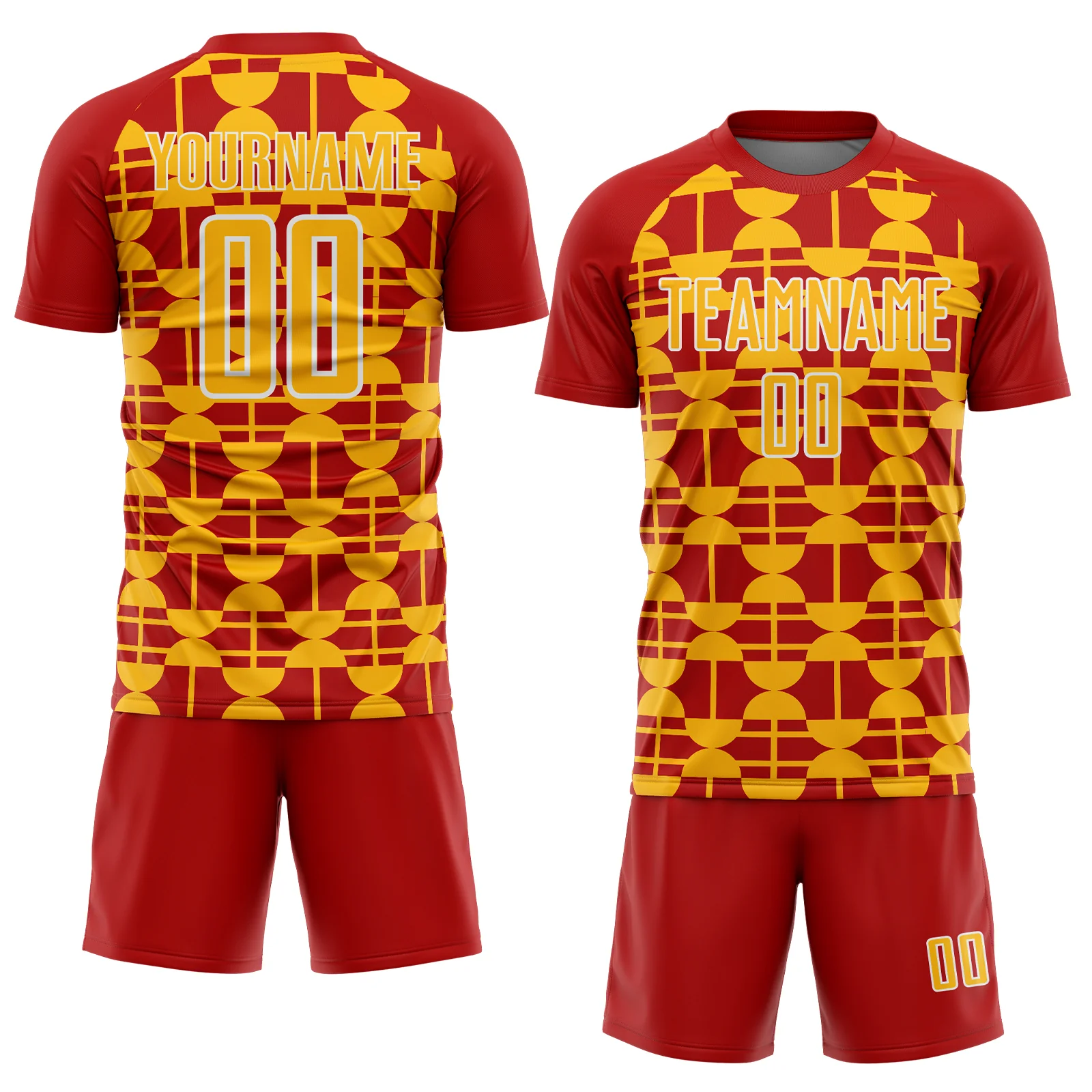 Custom Red Gold-White Geometric Shapes Sports Sublimation Soccer Uniform Jersey - Image 2
