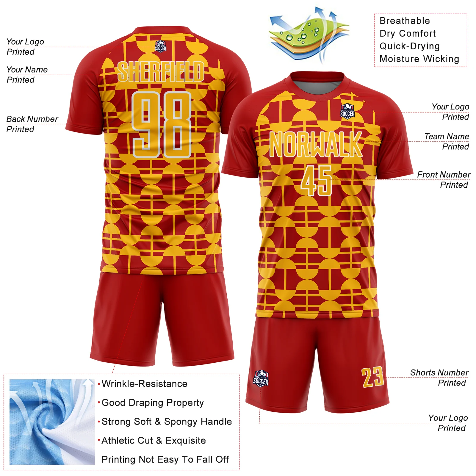 Custom Red Gold-White Geometric Shapes Sports Sublimation Soccer Uniform Jersey - Image 4
