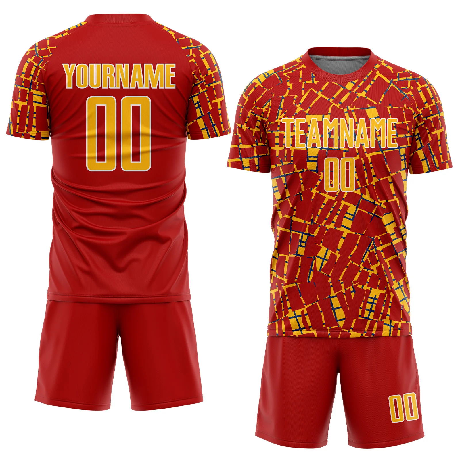 Custom Red Gold White-Blue Abstract Line Sports Sublimation Soccer Uniform Jersey - Image 2