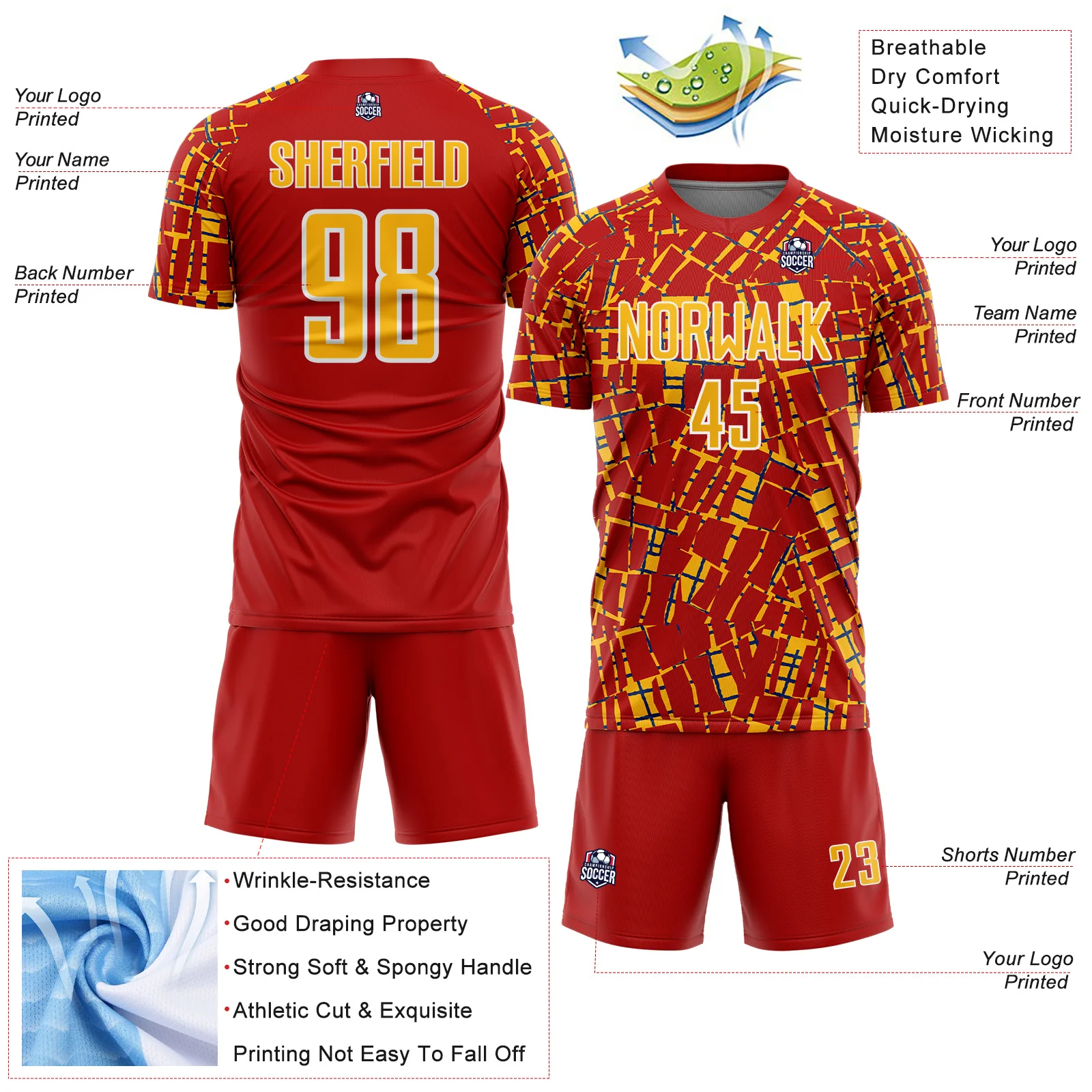 Custom Red Gold White-Blue Abstract Line Sports Sublimation Soccer Uniform Jersey - Image 4