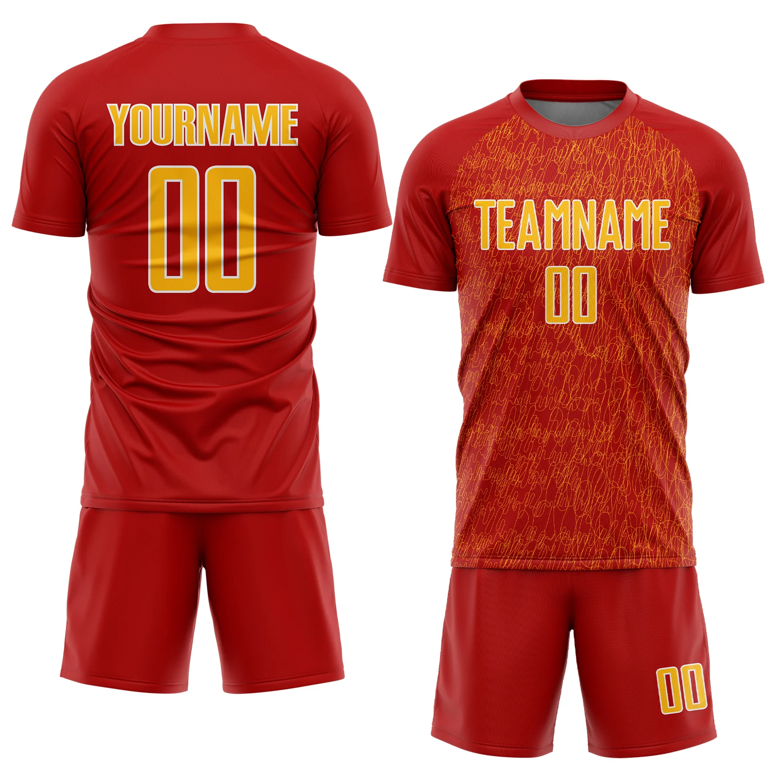 Custom Red Gold-White Abstract Scribble Curve Line Pattern Sports Sublimation Soccer Uniform Jersey - Image 2
