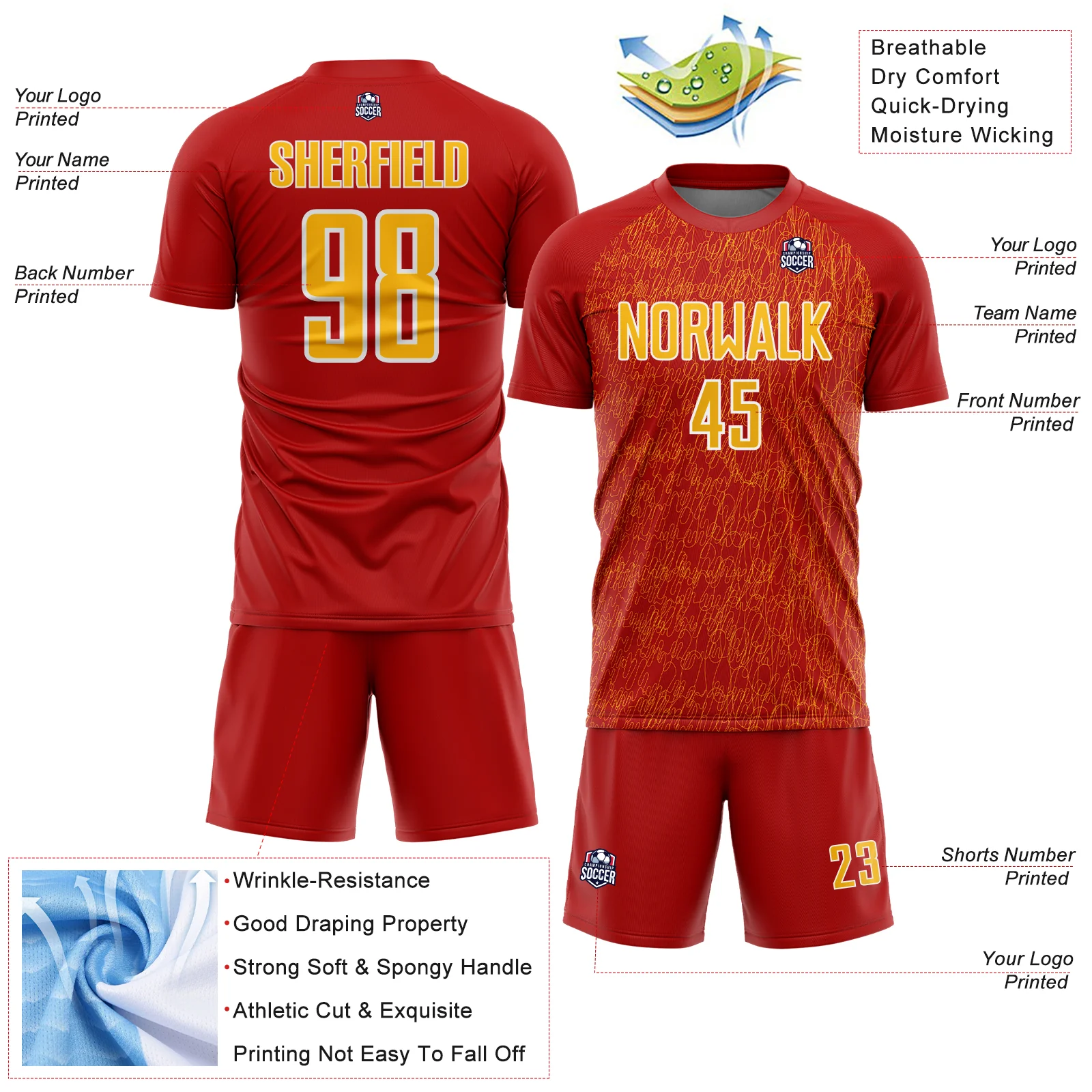 Custom Red Gold-White Abstract Scribble Curve Line Pattern Sports Sublimation Soccer Uniform Jersey - Image 4