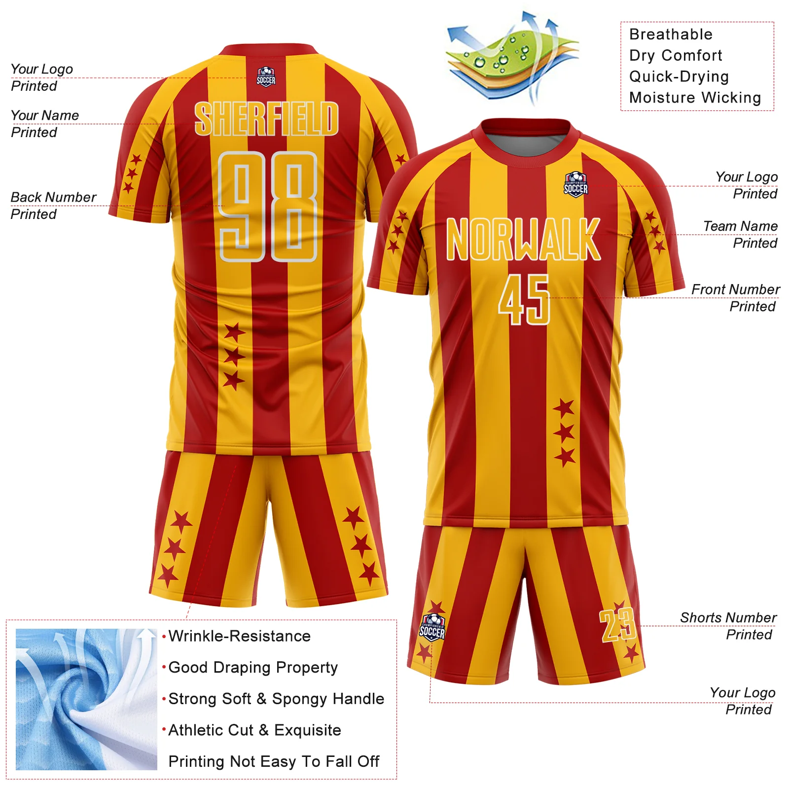 Custom Red Gold-White Stars And Stripes Sports Sublimation Soccer Uniform Jersey - Image 4