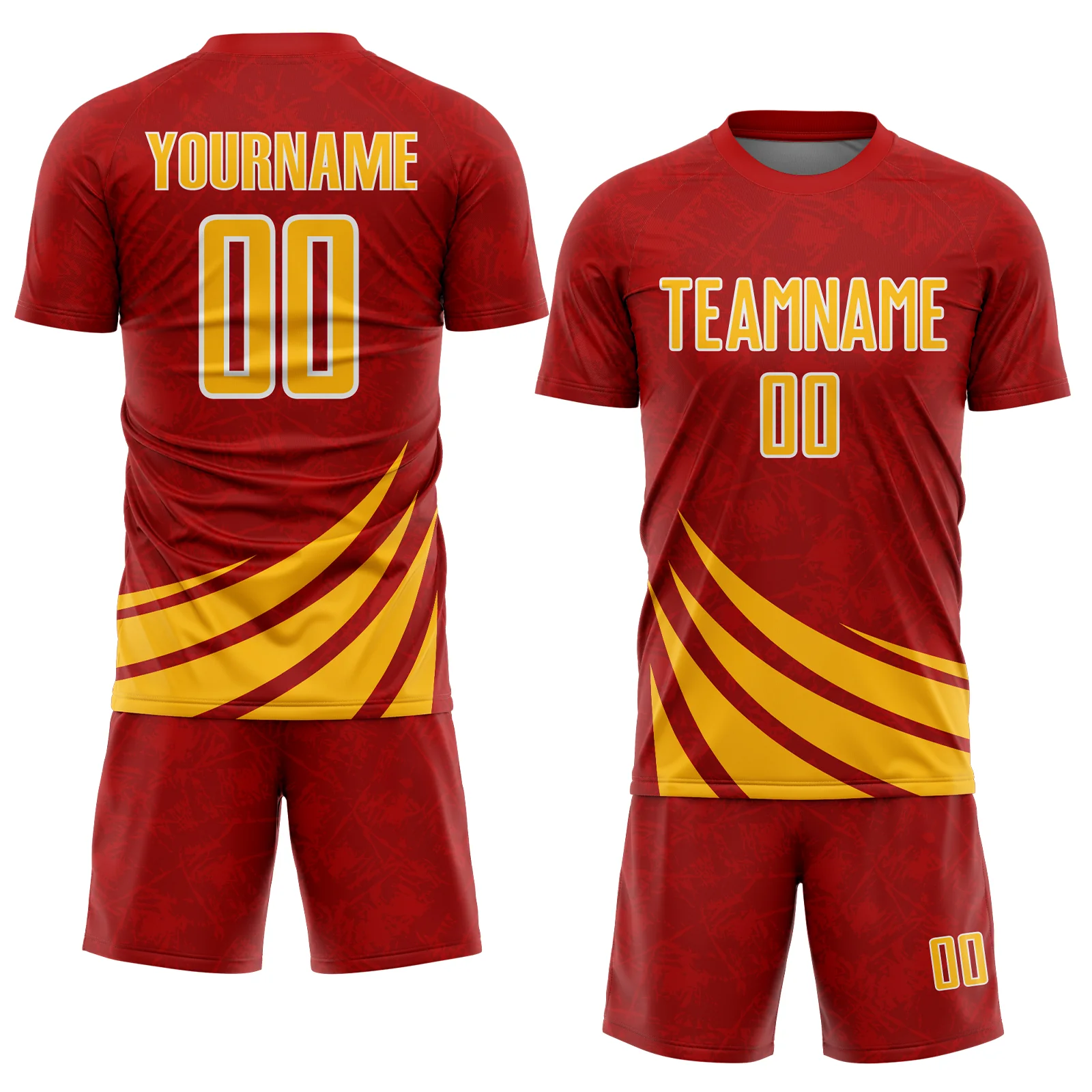 Custom Red Gold-White Distressed Diagonal Stripes Wind Shapes Sports Sublimation Soccer Uniform Jersey - Image 2