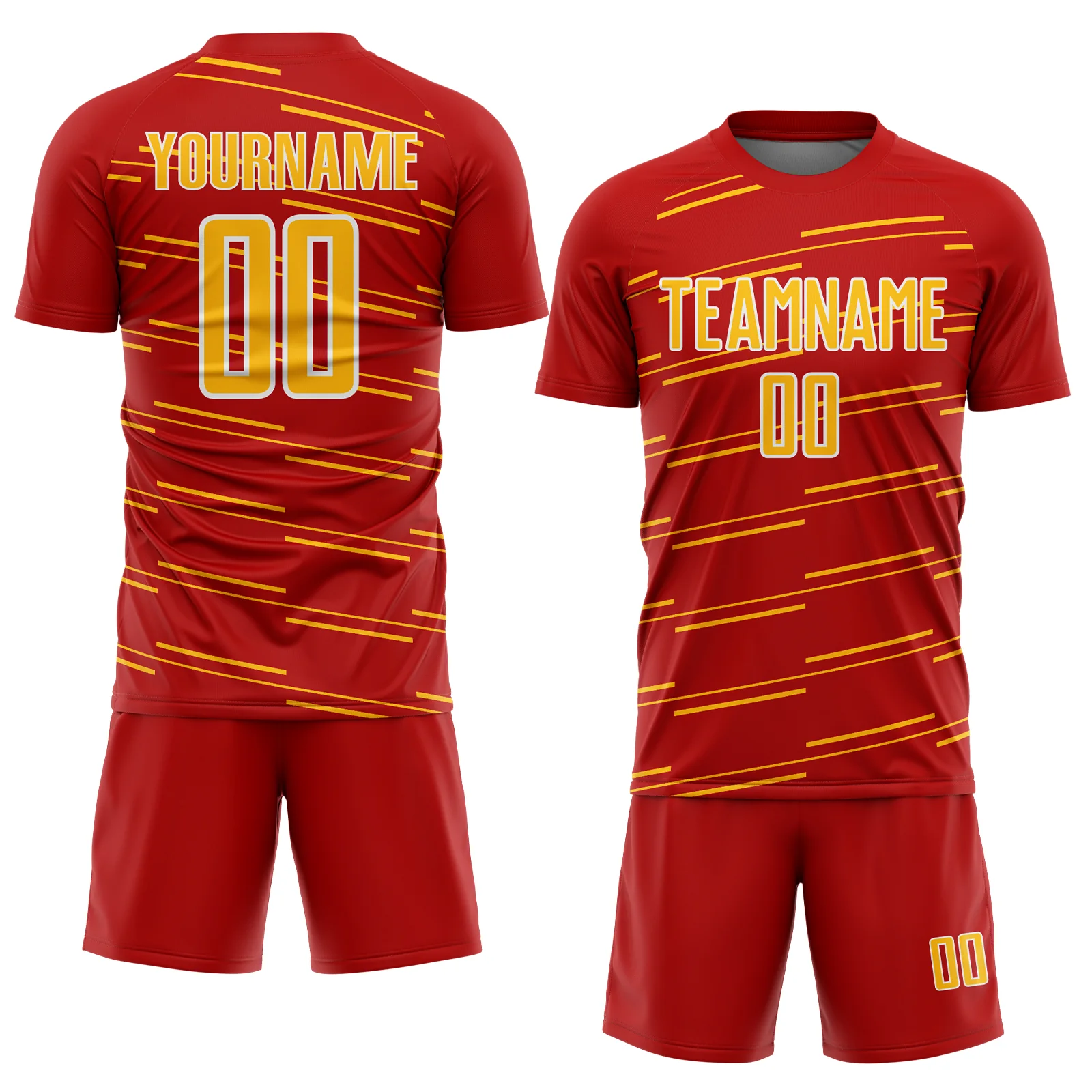 Custom Red Gold-White Diagonal Pinstripes Lines Sports Sublimation Soccer Uniform Jersey - Image 2