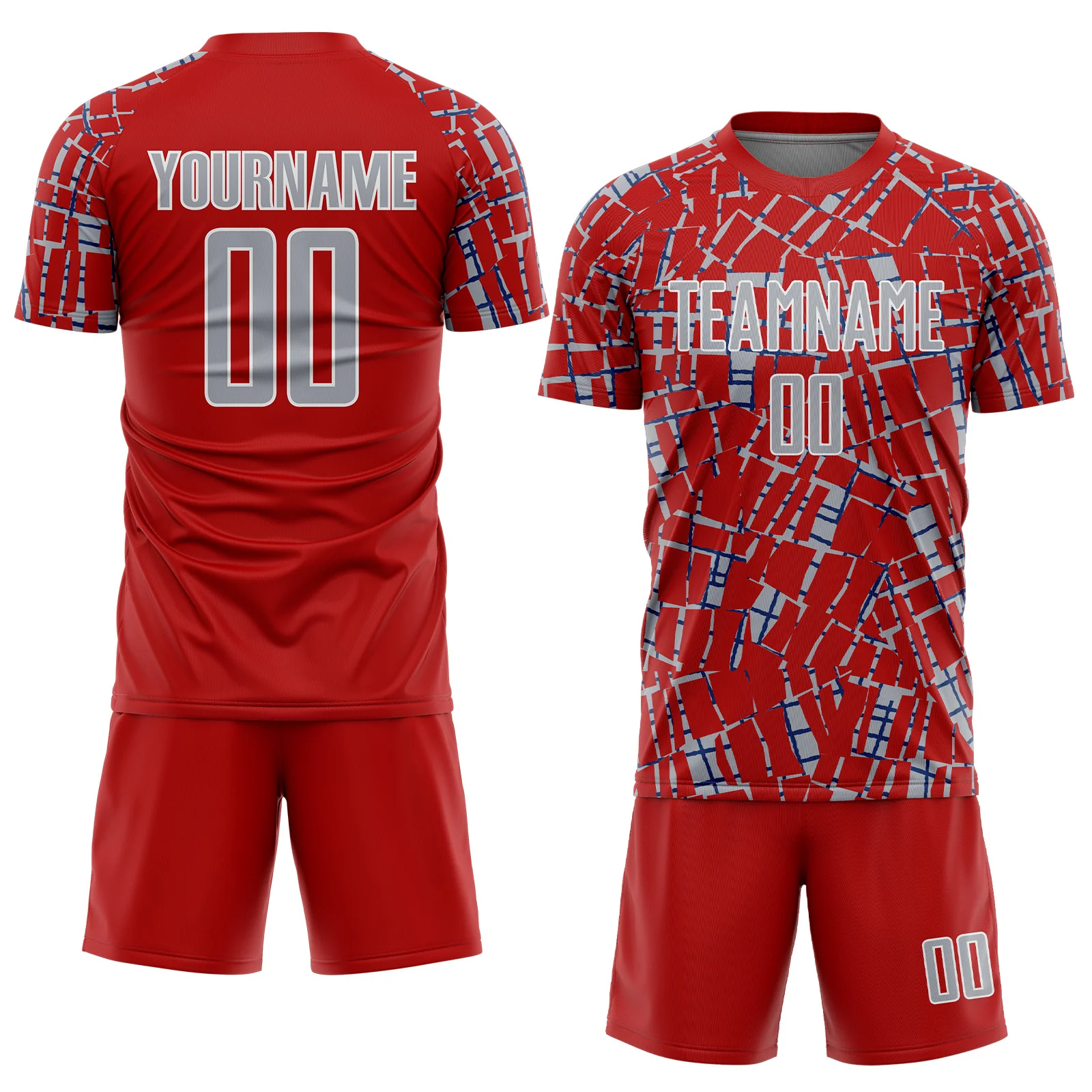 Custom Red Gray White-Blue Abstract Line Sports Sublimation Soccer Uniform Jersey - Image 2