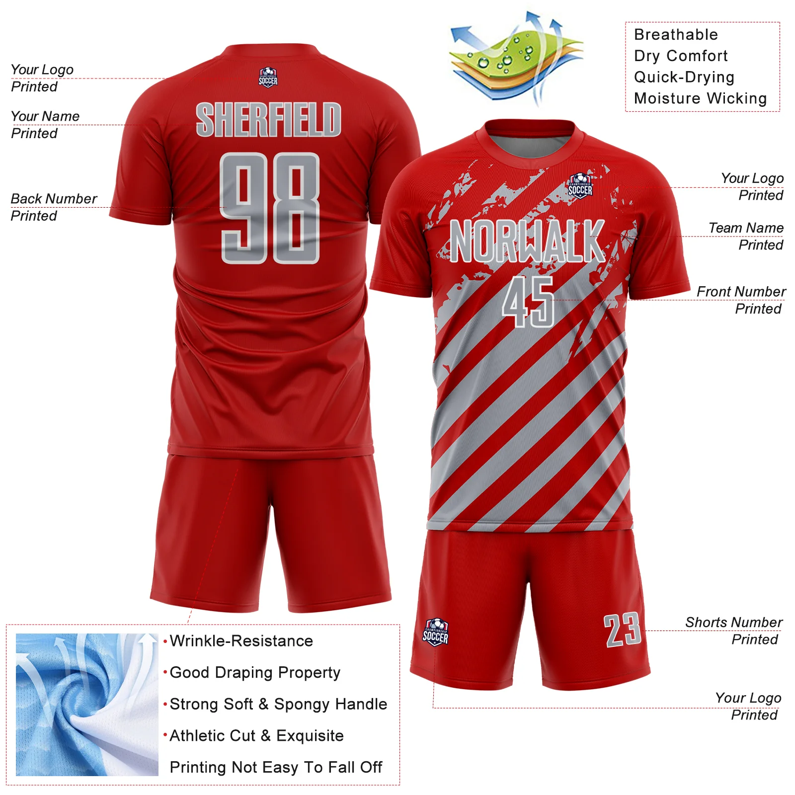 Custom Red Gray-White Distressed Diagonal Stripe Pattern Sports Sublimation Soccer Uniform Jersey - Image 4