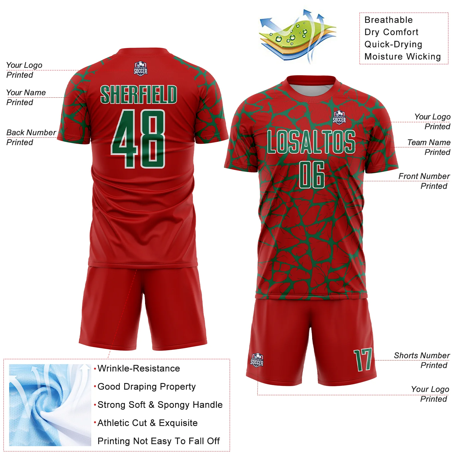 Custom Red Kelly Green-White Abstract Network Splash Sublimation Soccer Uniform Jersey - Image 4