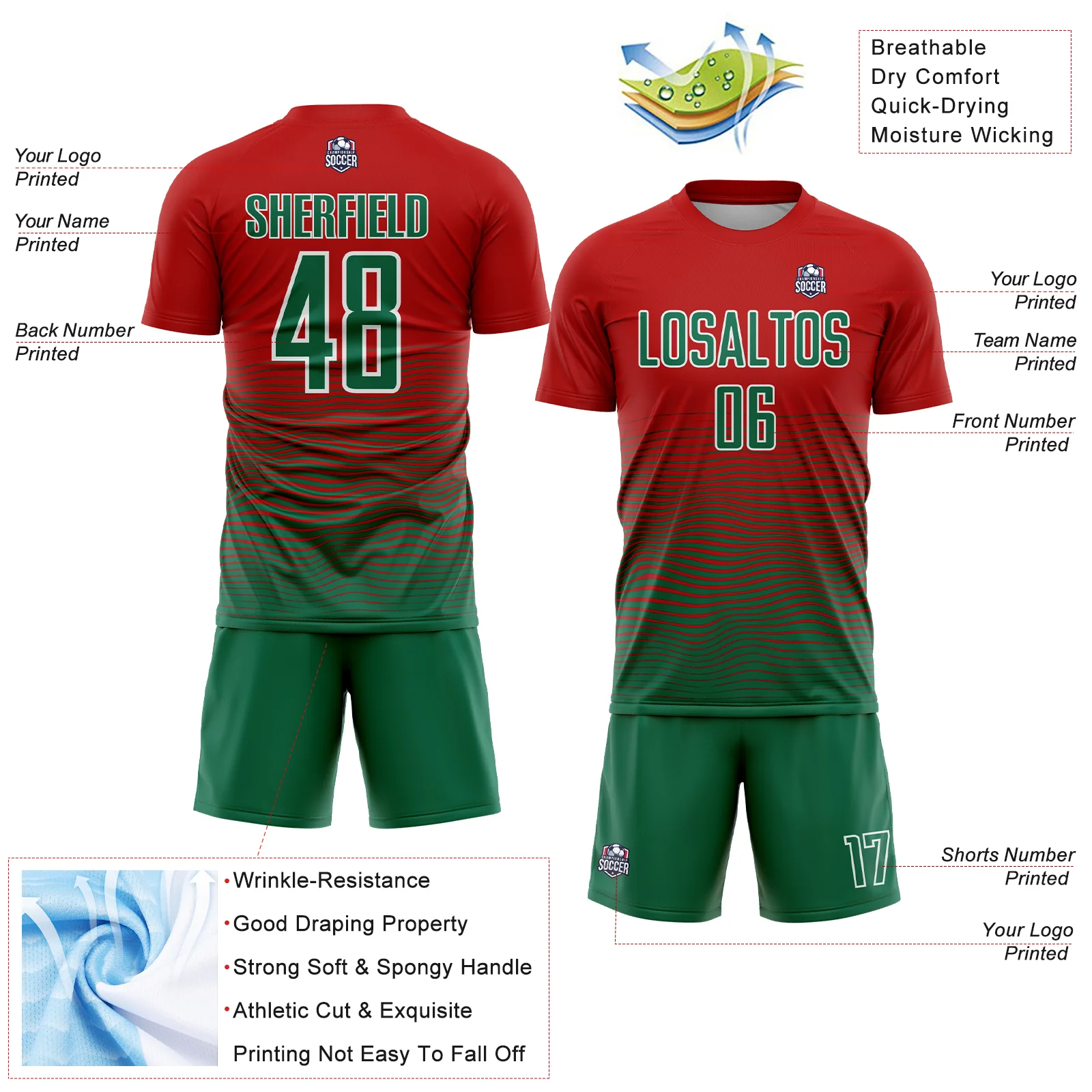 Custom Red Kelly Green-White Gradient Line Sublimation Soccer Uniform Jersey - Image 4