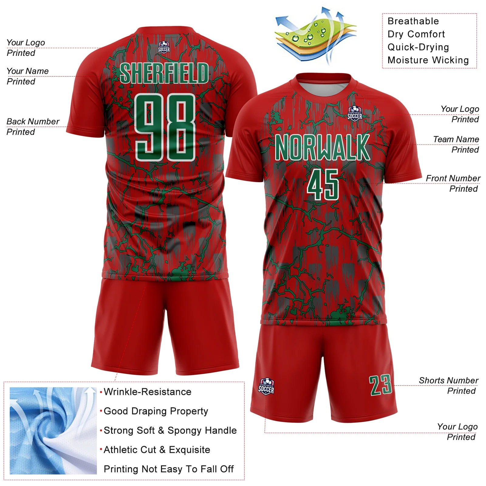 Custom Red Kelly Green-White Lightning Sublimation Soccer Uniform Jersey - Image 4