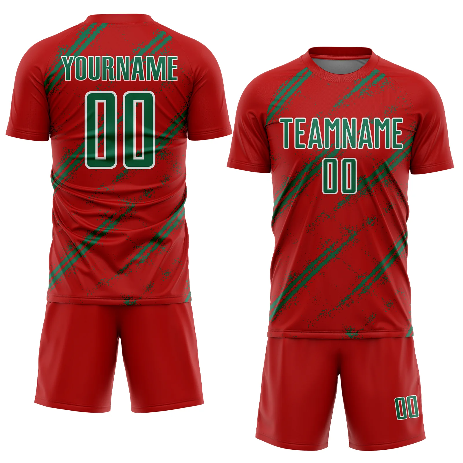 Custom Red Kelly Green-White Abstract Fragment Art Splash Sublimation Soccer Uniform Jersey - Image 2
