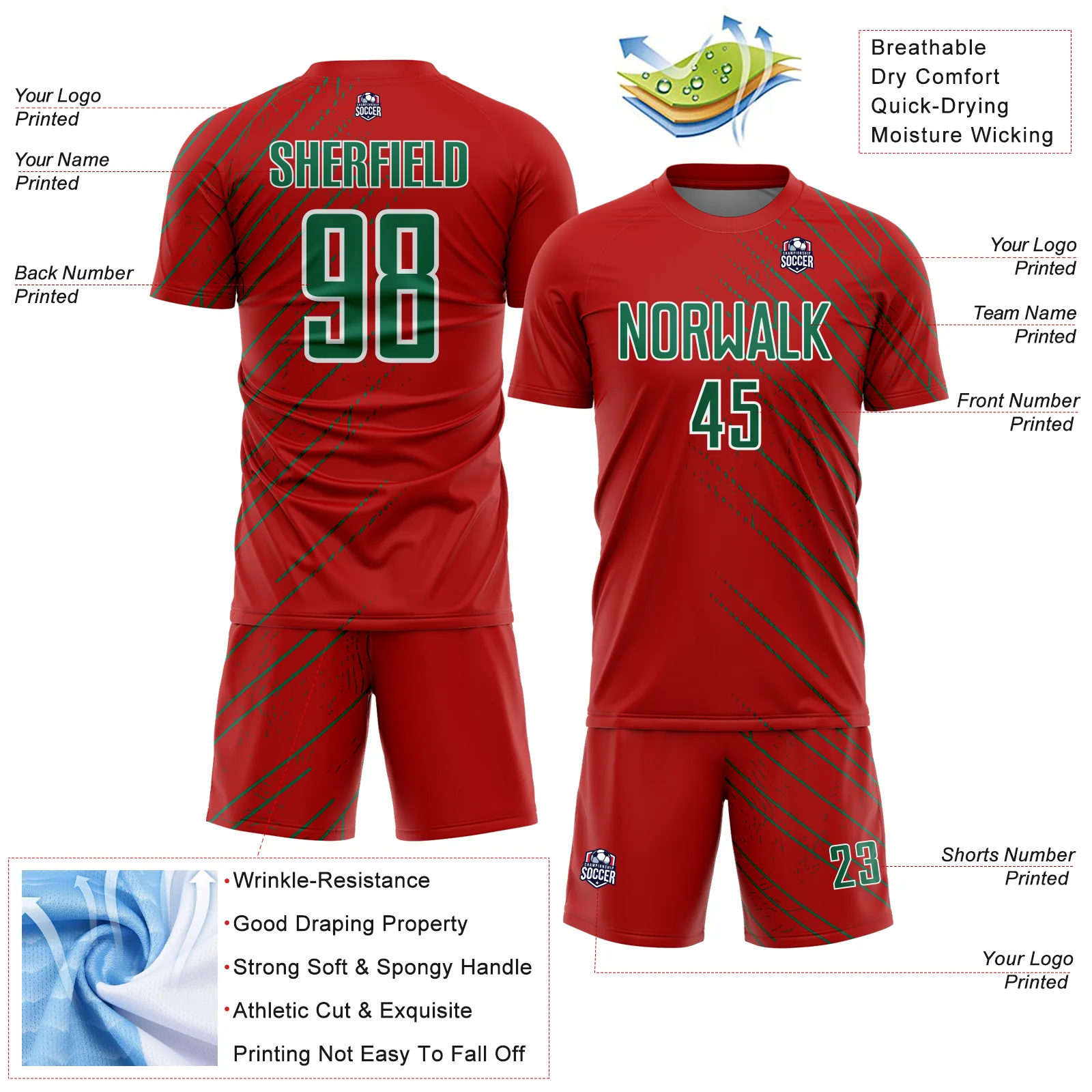 Custom Red Kelly Green-White Lines Sports Sublimation Soccer Uniform Jersey - Image 4