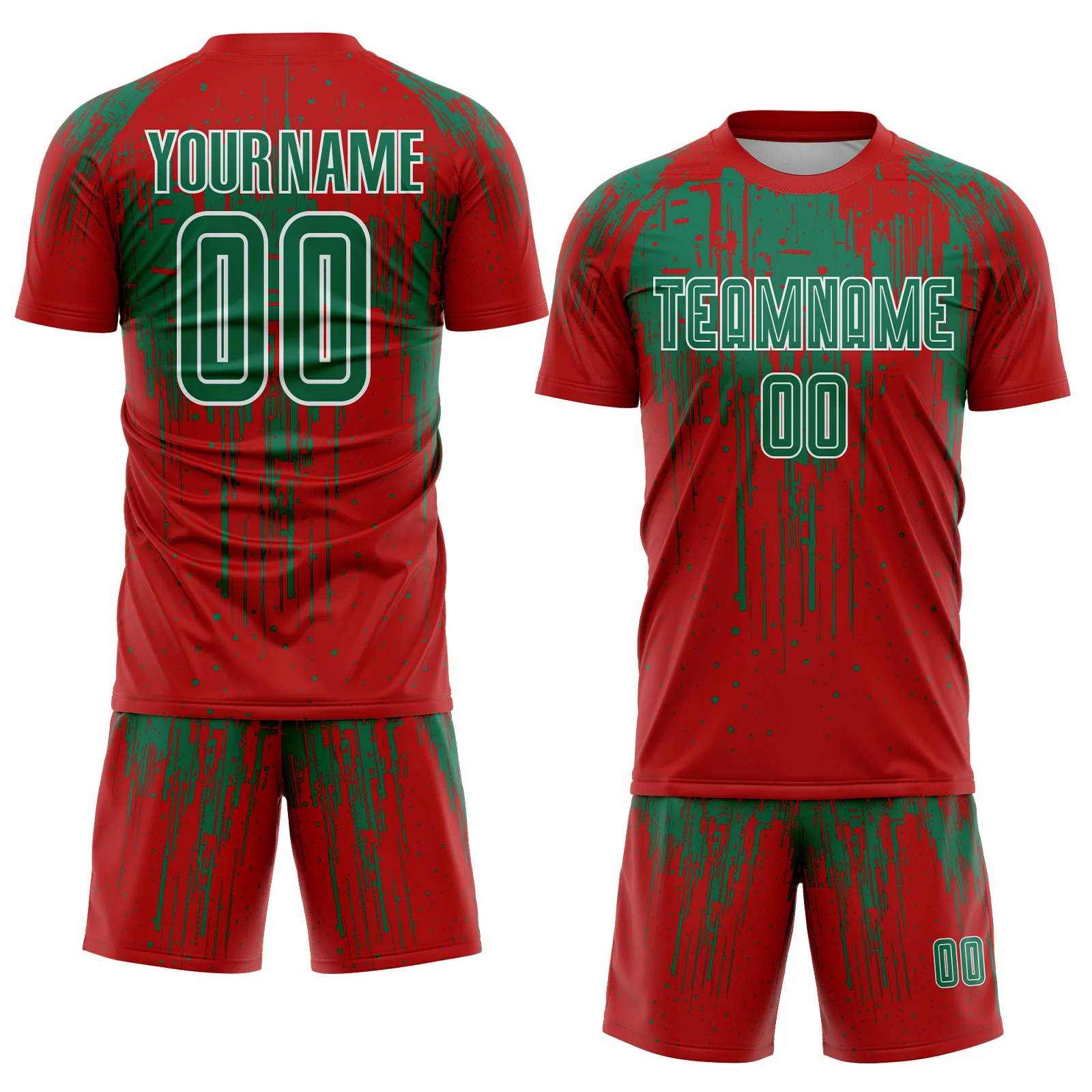 Custom Red Kelly Green-White Dripping Splatte Pattern Sports Sublimation Soccer Uniform Jersey - Image 2