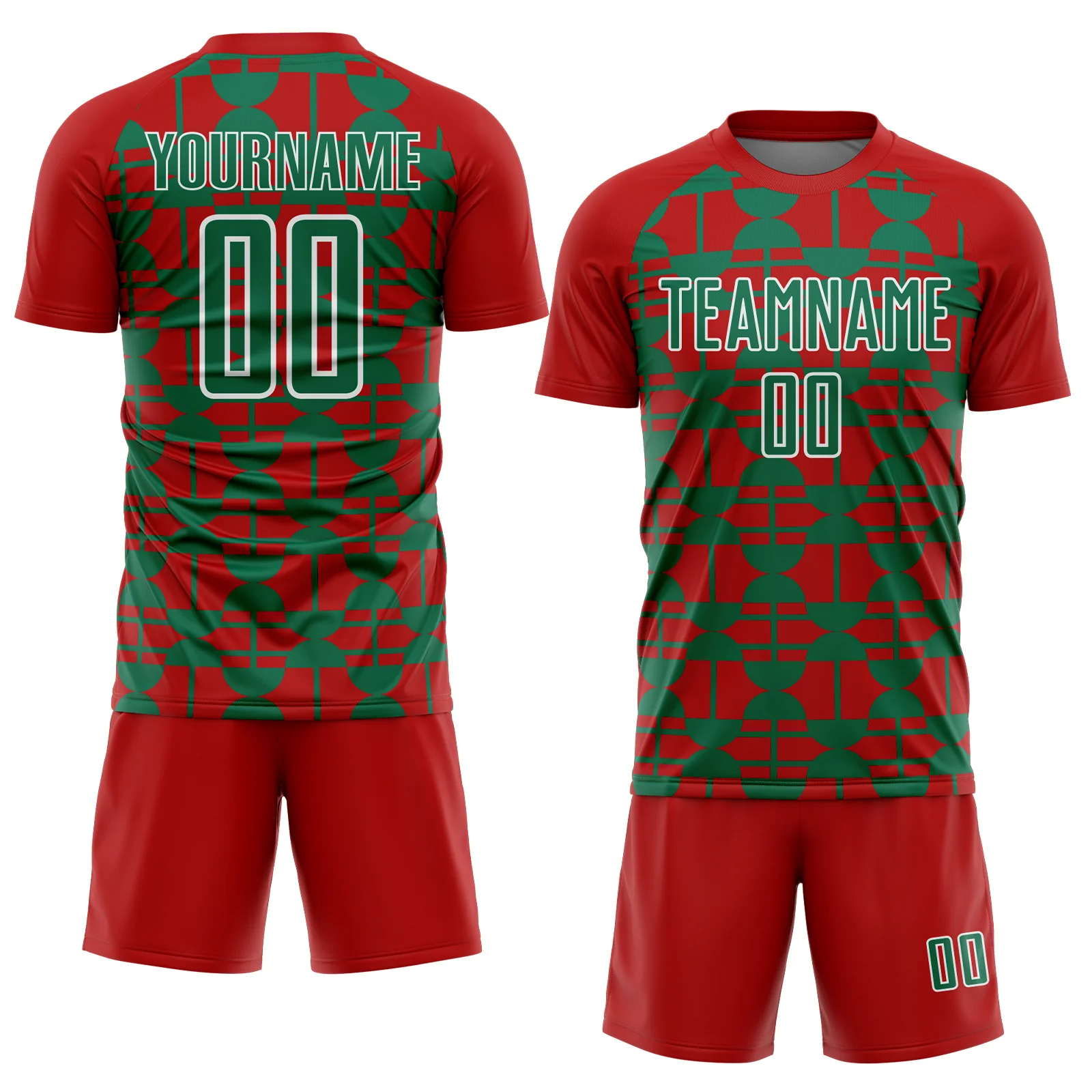 Custom Red Kelly Green-White Geometric Shapes Sports Sublimation Soccer Uniform Jersey - Image 2